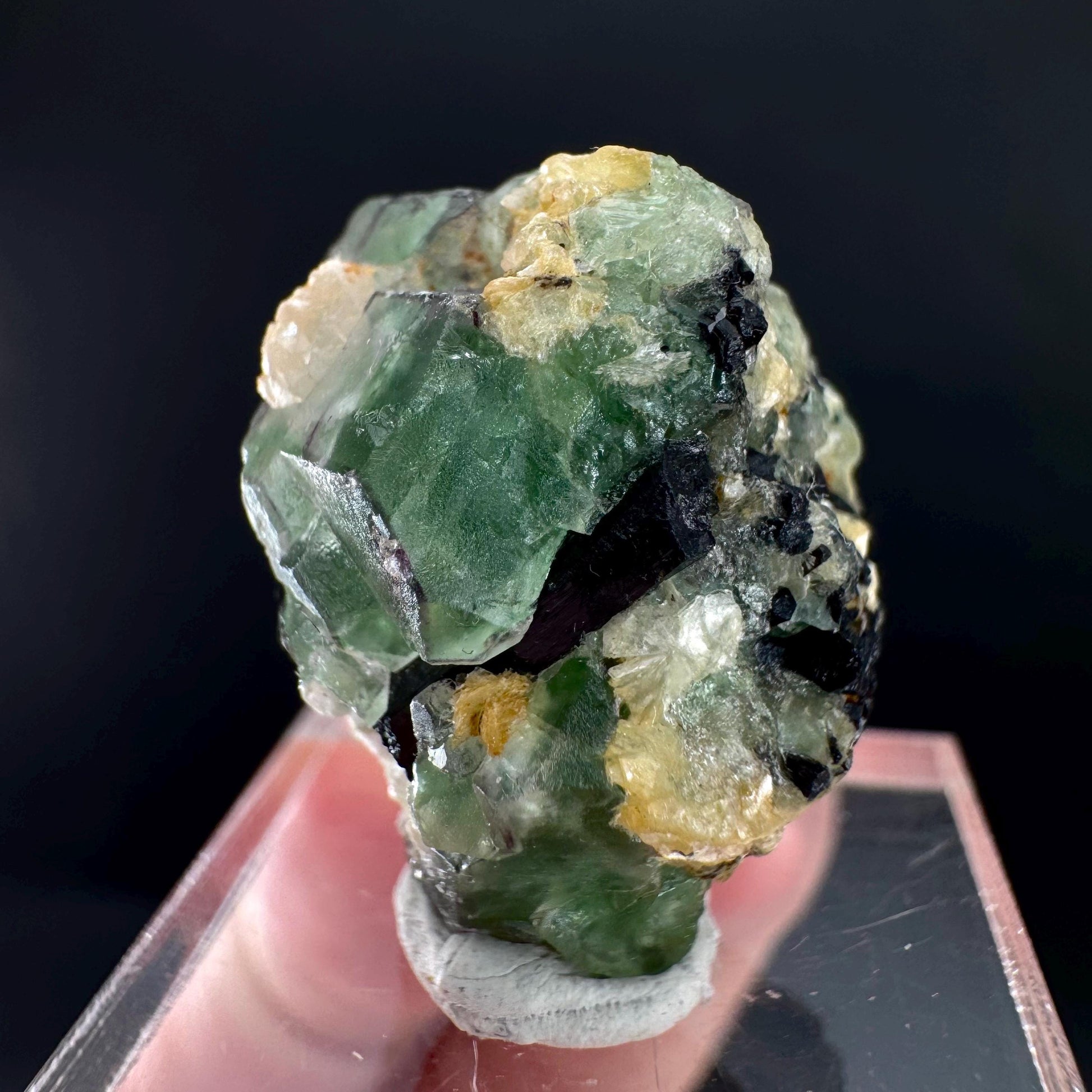 Fluorite w/ Schorl, & Muscovite | Lollipop Pocket, green crystal cluster, mineral specimen from Namibia