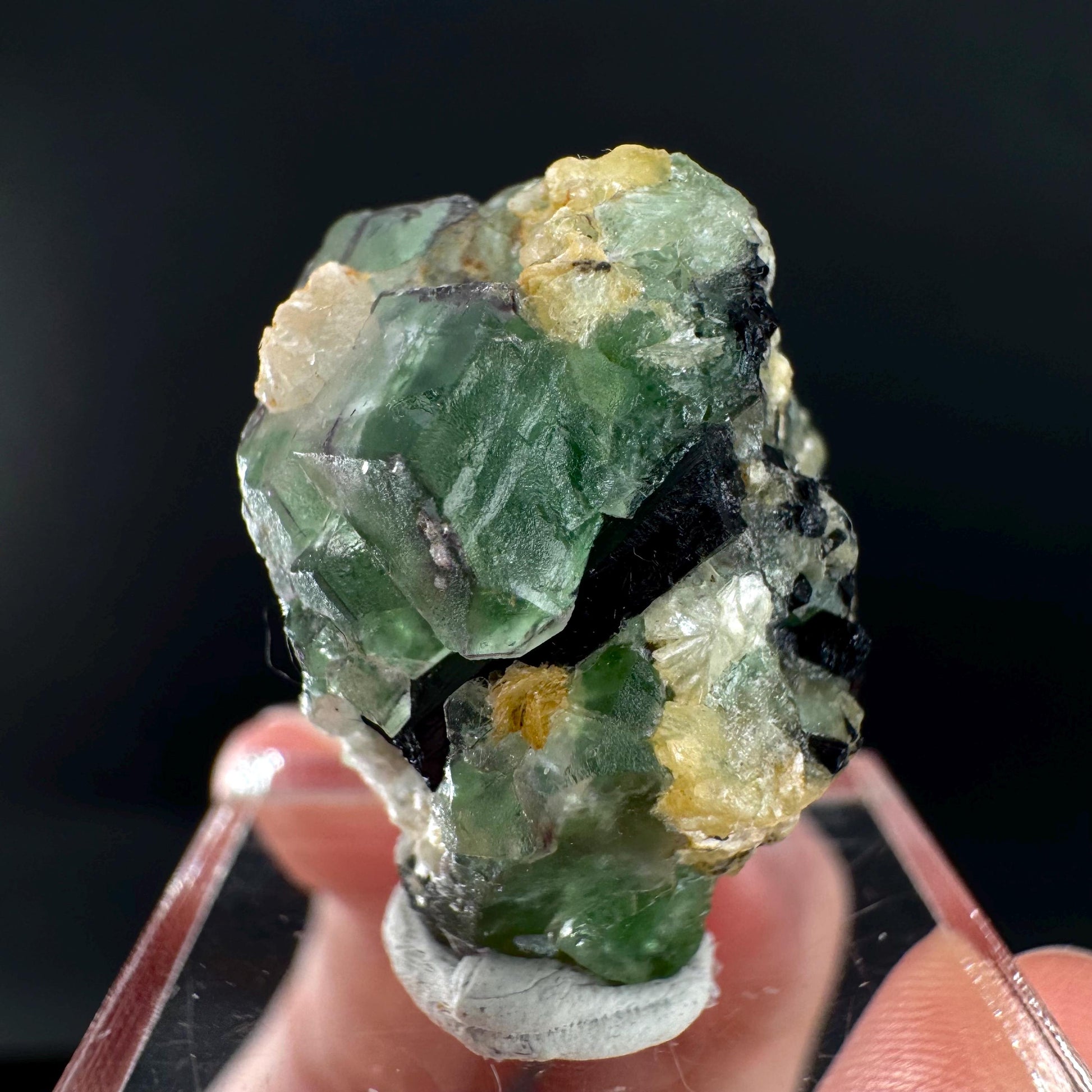 Fluorite w/ Schorl, & Muscovite | Lollipop Pocket, green crystal cluster, mineral specimen from Namibia