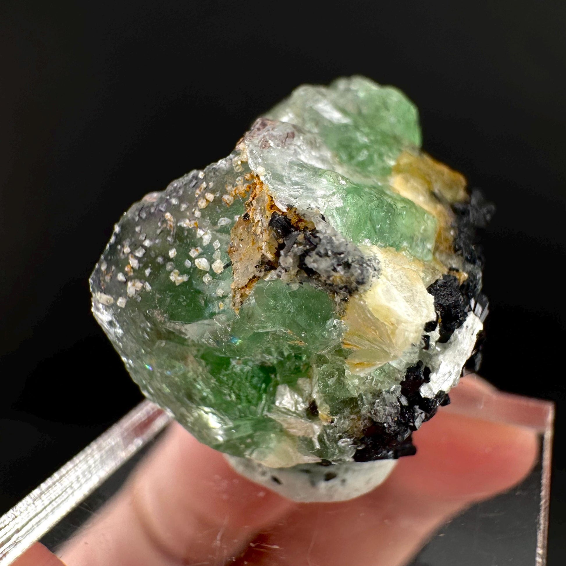 Fluorite w/ Schorl, & Muscovite | Lollipop Pocket, green crystal cluster, mineral specimen from Namibia