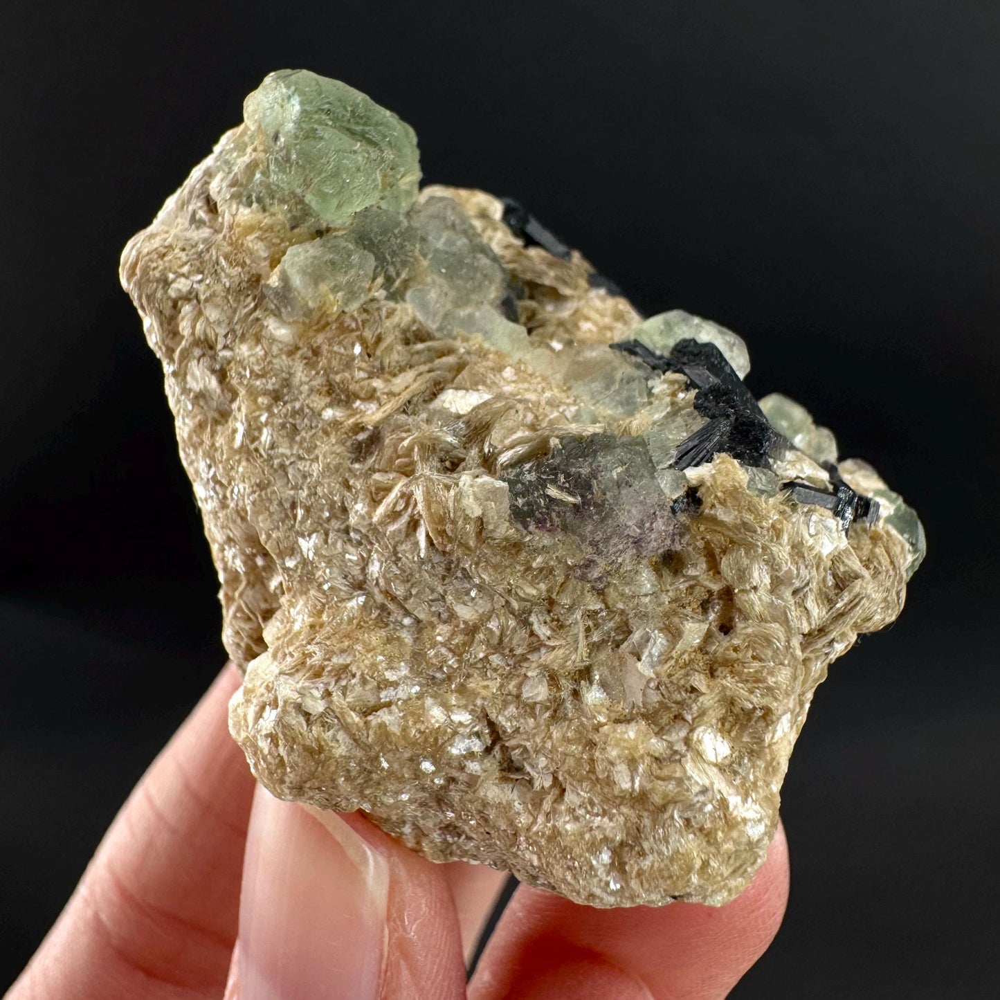 Fluorite w/ Schorl, & Muscovite | Lollipop Pocket, green crystal cluster, mineral specimen from Namibia