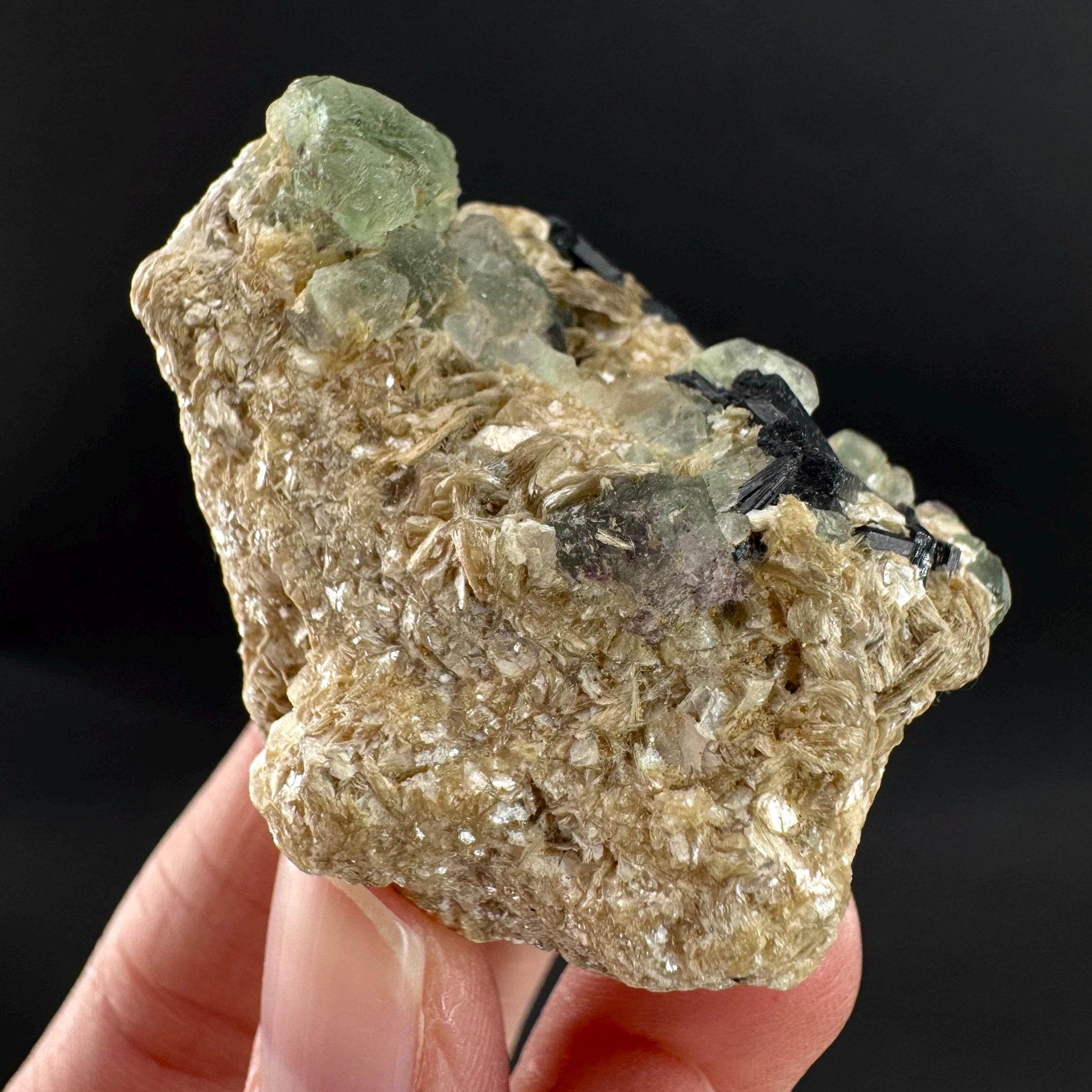 Fluorite w/ Schorl, & Muscovite | Lollipop Pocket, green crystal cluster, mineral specimen from Namibia