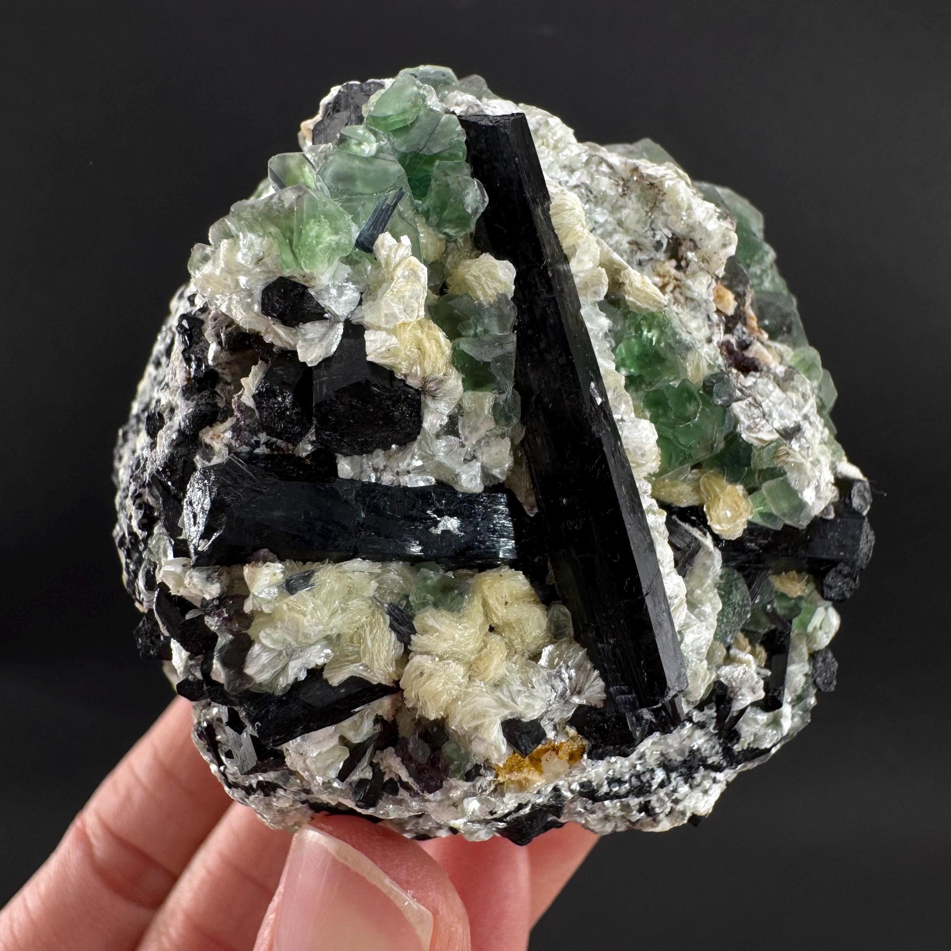 Fluorite w/ Schorl, & Muscovite | Lollipop Pocket, green crystal cluster, mineral specimen from Namibia