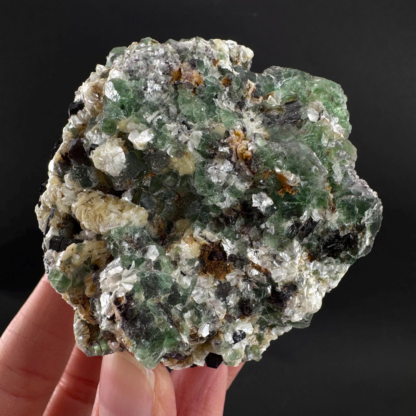 Fluorite w/ Schorl, & Muscovite | Lollipop Pocket, green crystal cluster, mineral specimen from Namibia
