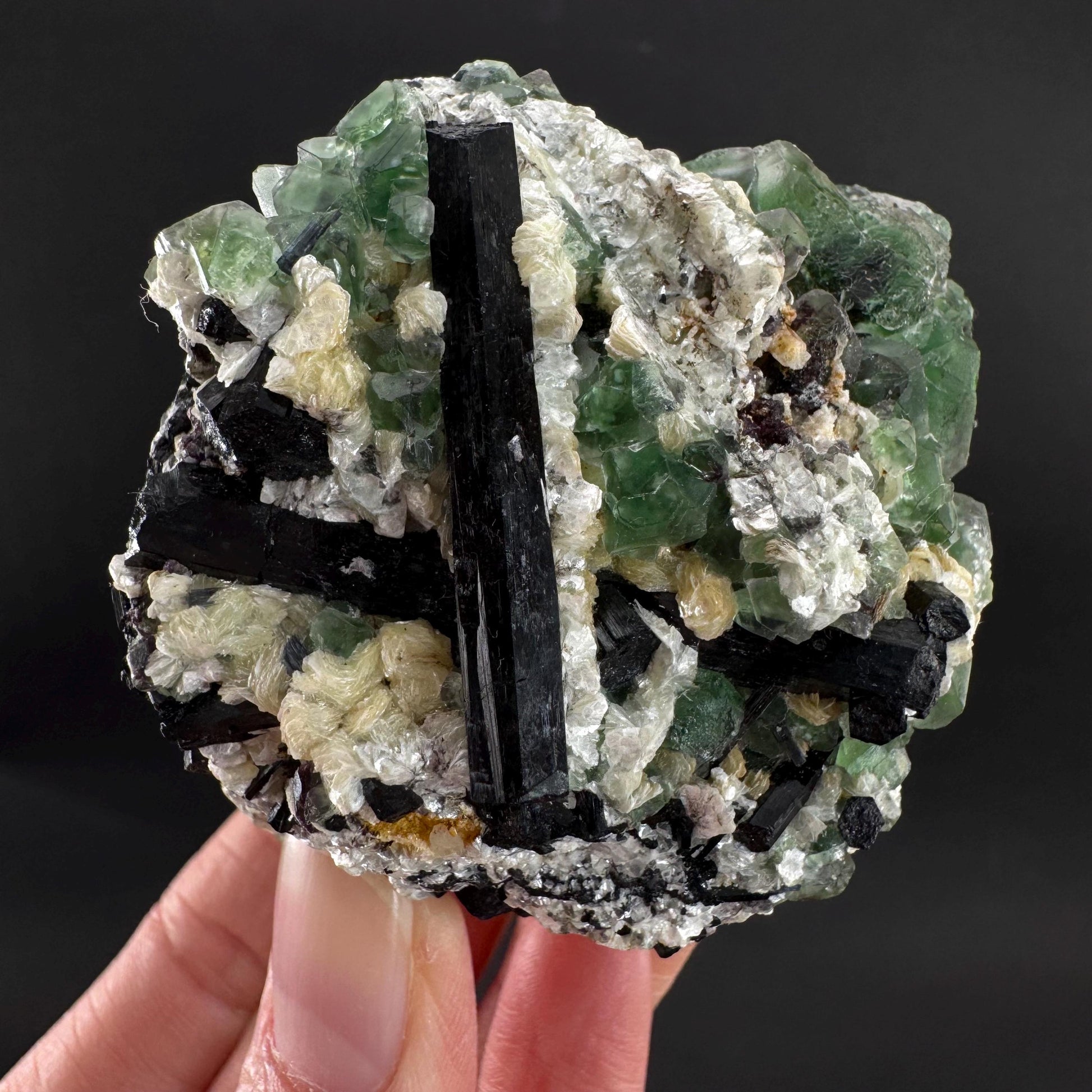 Fluorite w/ Schorl, & Muscovite | Lollipop Pocket, green crystal cluster, mineral specimen from Namibia