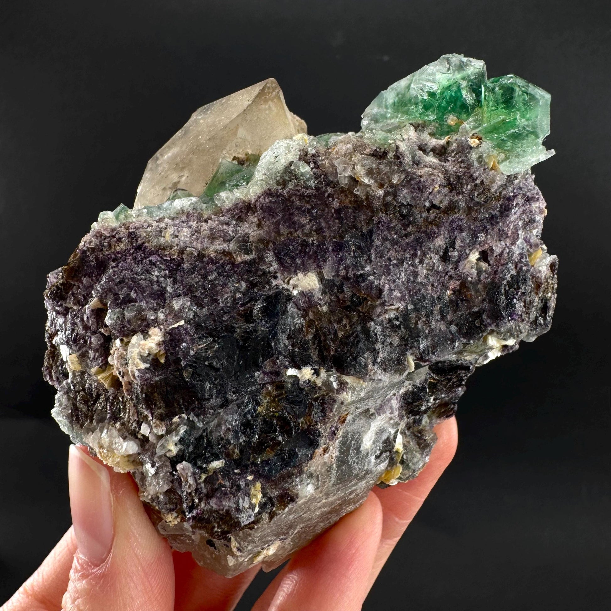 Fluorite w/ Smoky Quartz | green crystal, mineral specimen from Erongo, Namibia
