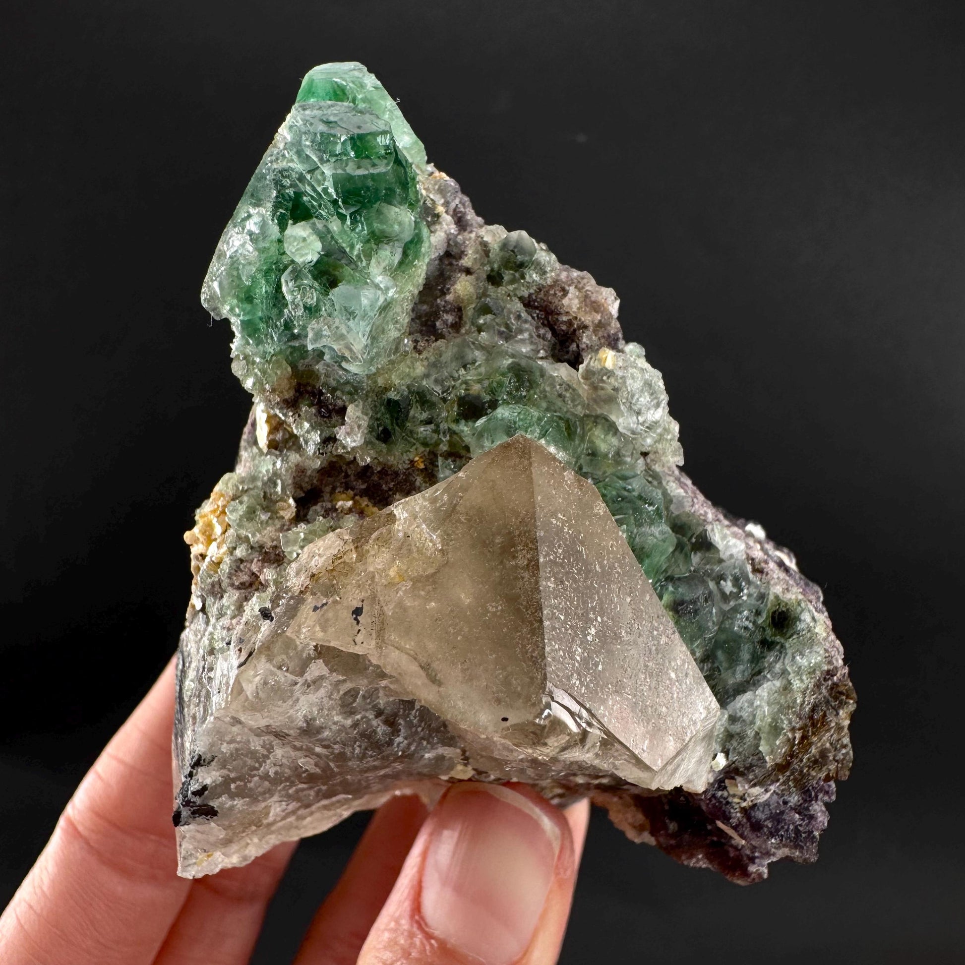 Fluorite w/ Smoky Quartz | green crystal, mineral specimen from Erongo, Namibia