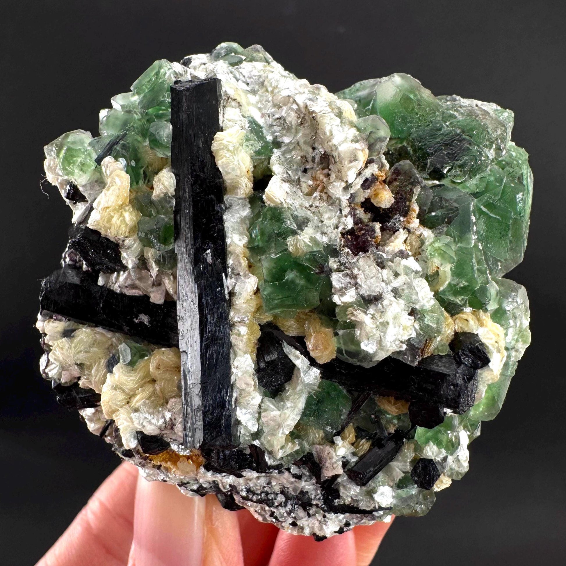 Fluorite w/ Schorl, & Muscovite | Lollipop Pocket, green crystal cluster, mineral specimen from Namibia