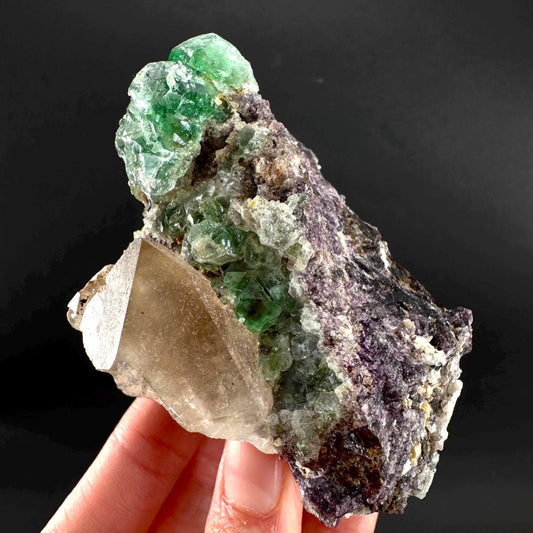 Fluorite w/ Smoky Quartz | green crystal, mineral specimen from Erongo, Namibia