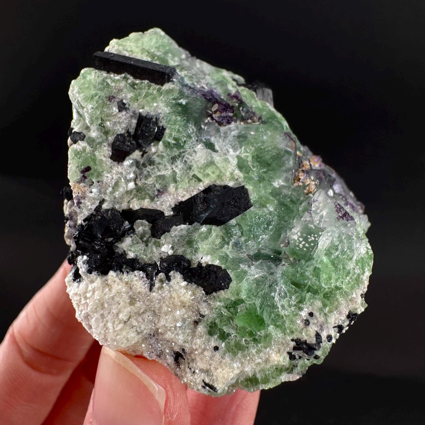 Fluorite w/ Schorl, & Muscovite | Lollipop Pocket, green crystal cluster, mineral specimen from Namibia
