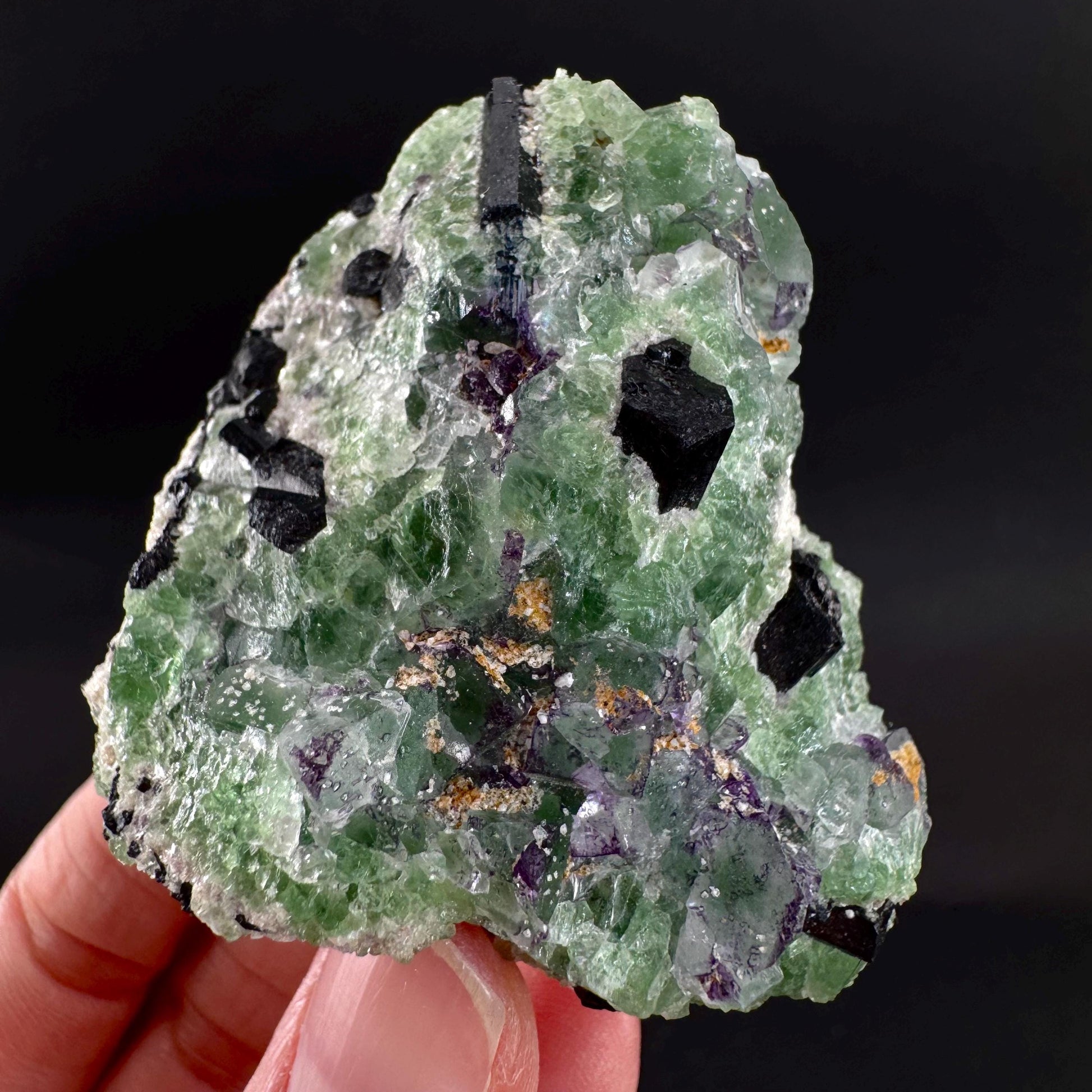 Fluorite w/ Schorl, & Muscovite | Lollipop Pocket, green crystal cluster, mineral specimen from Namibia