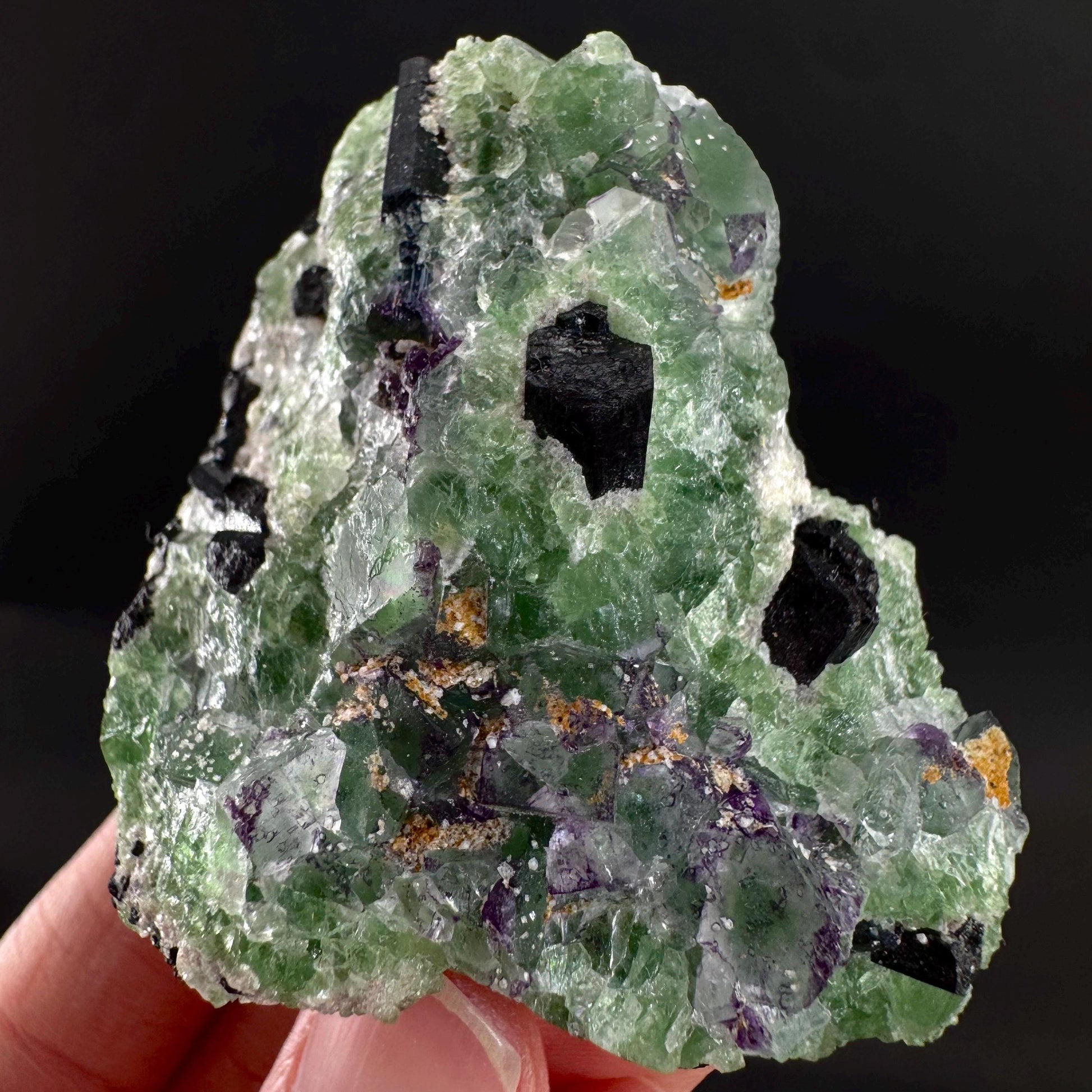 Fluorite w/ Schorl, & Muscovite | Lollipop Pocket, green crystal cluster, mineral specimen from Namibia