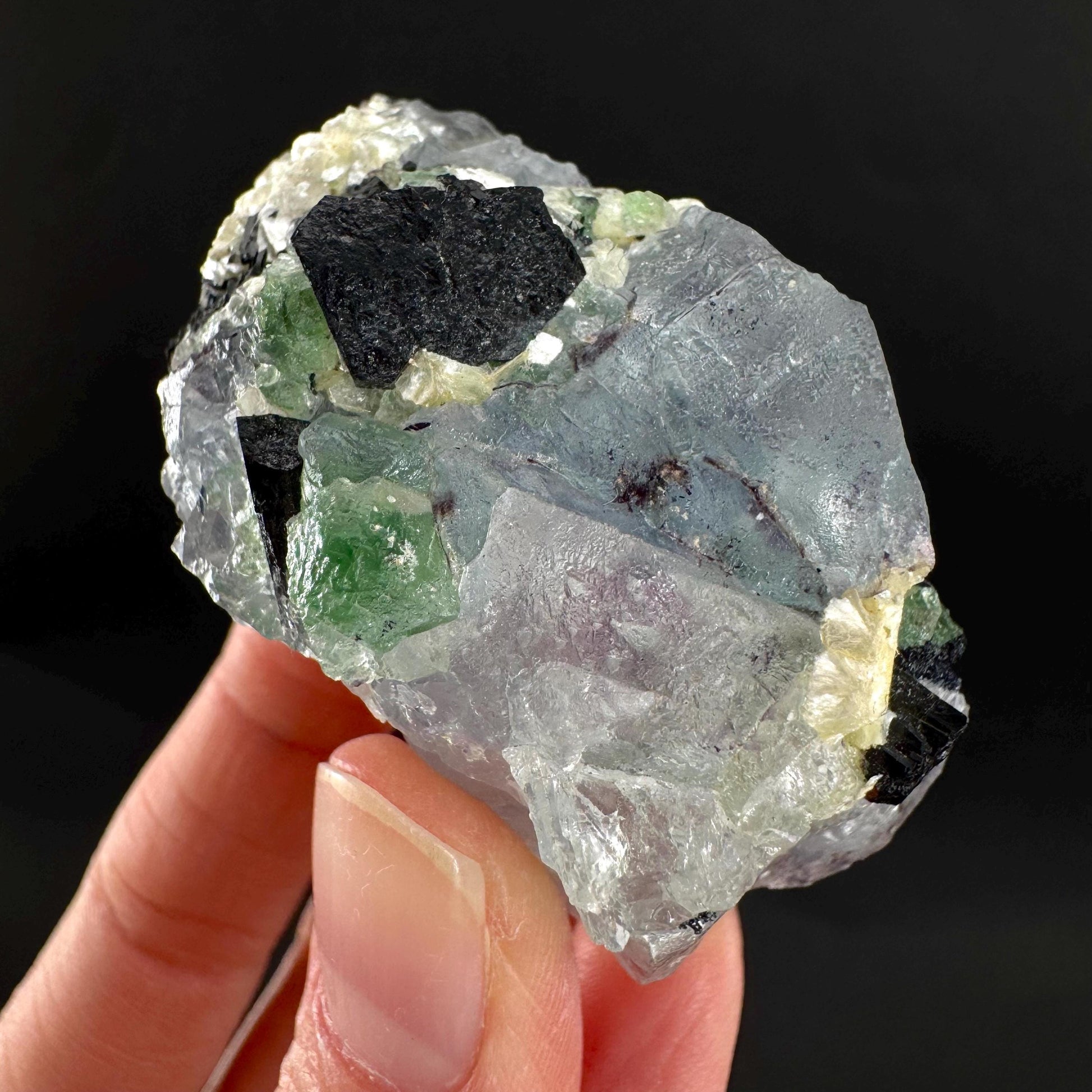 Fluorite w/ Schorl, & Muscovite | Lollipop Pocket, green crystal cluster, mineral specimen from Namibia