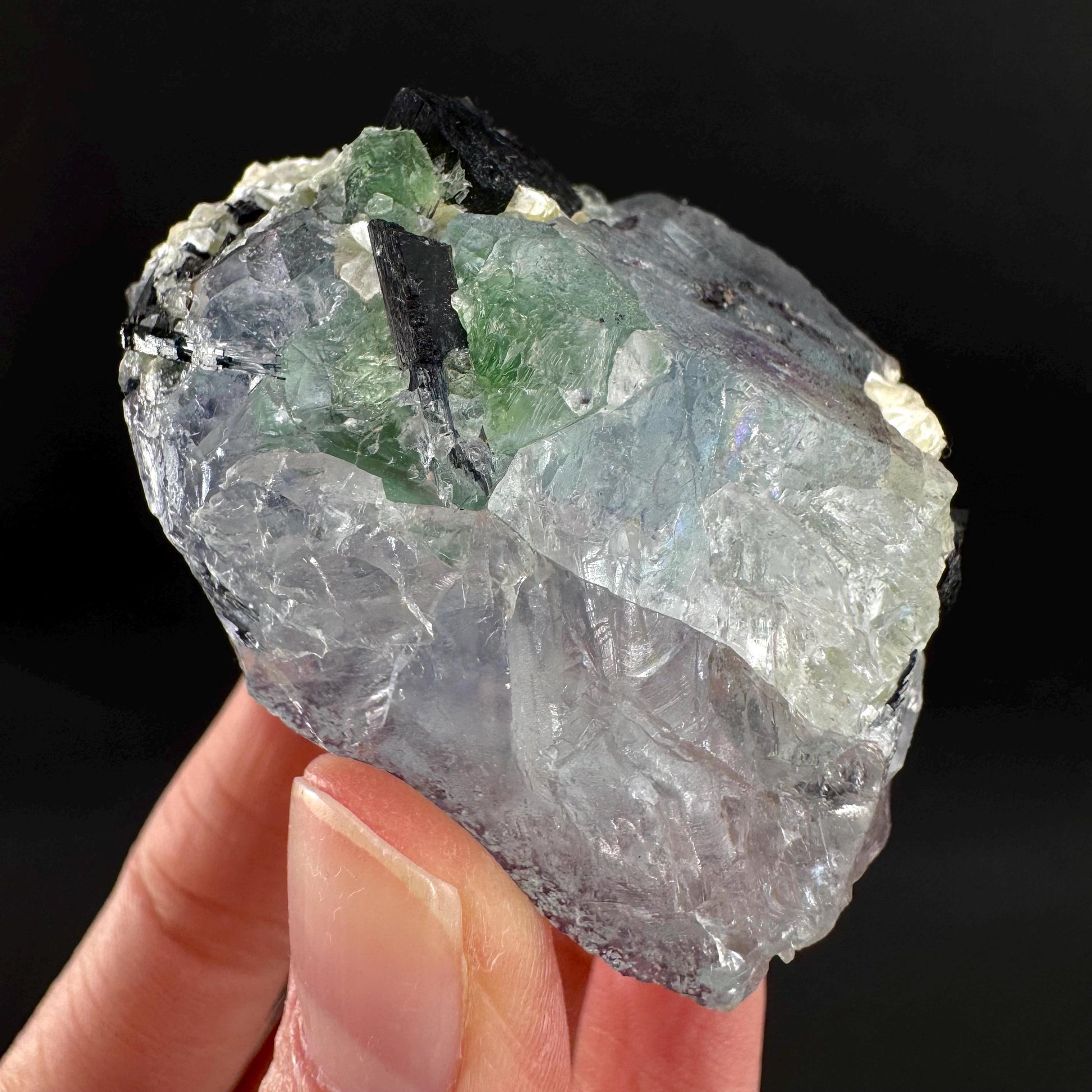 Fluorite w/ Schorl, & Muscovite | Lollipop Pocket, green crystal cluster, mineral specimen from Namibia