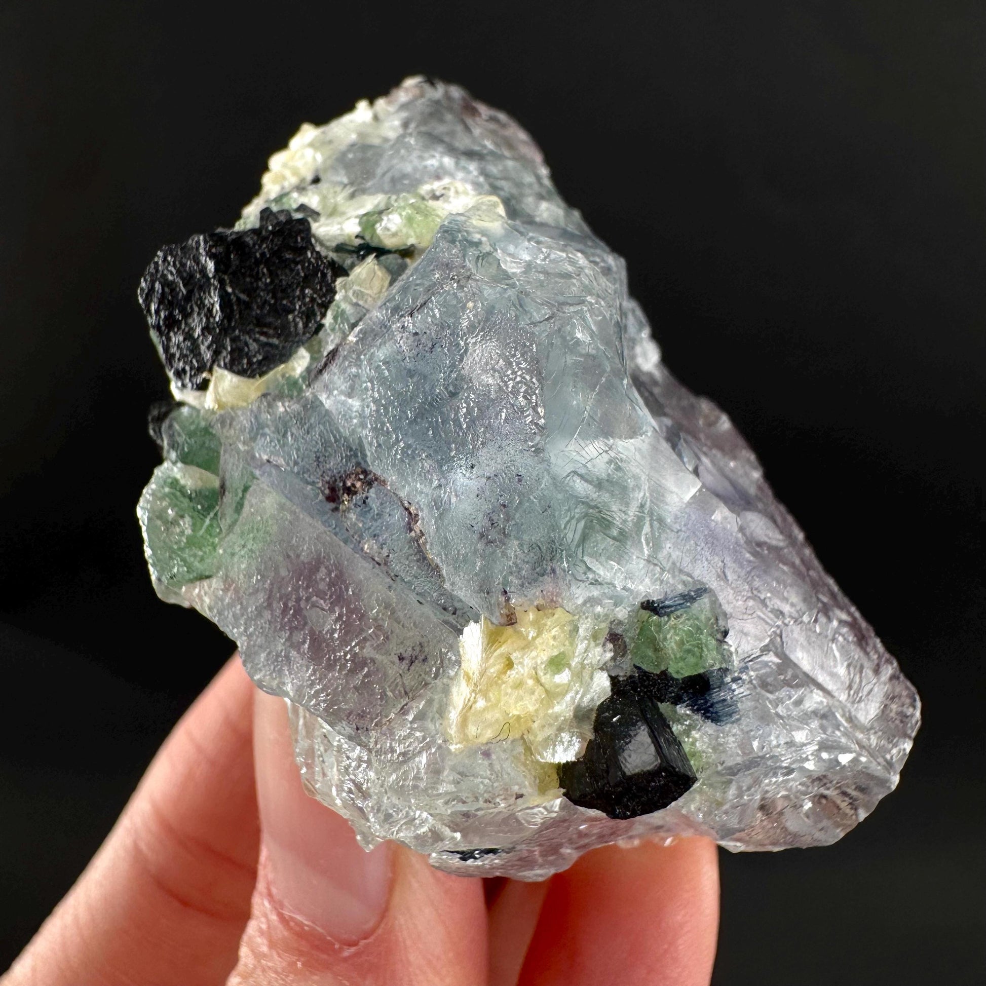 Fluorite w/ Schorl, & Muscovite | Lollipop Pocket, green crystal cluster, mineral specimen from Namibia