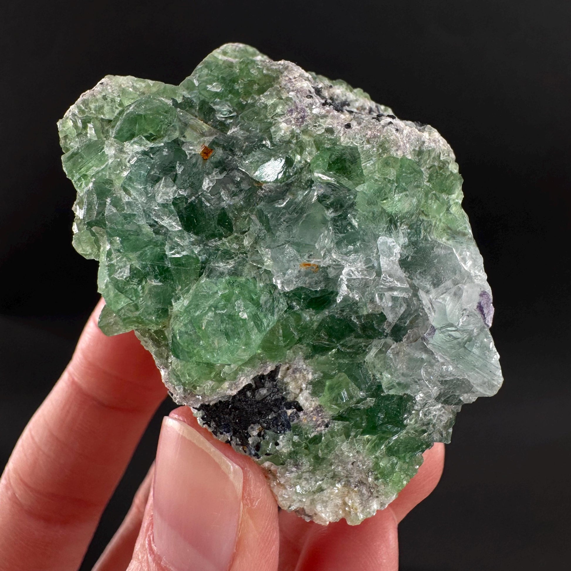 Fluorite w/ Schorl, & Muscovite | Lollipop Pocket, green crystal cluster, mineral specimen from Namibia