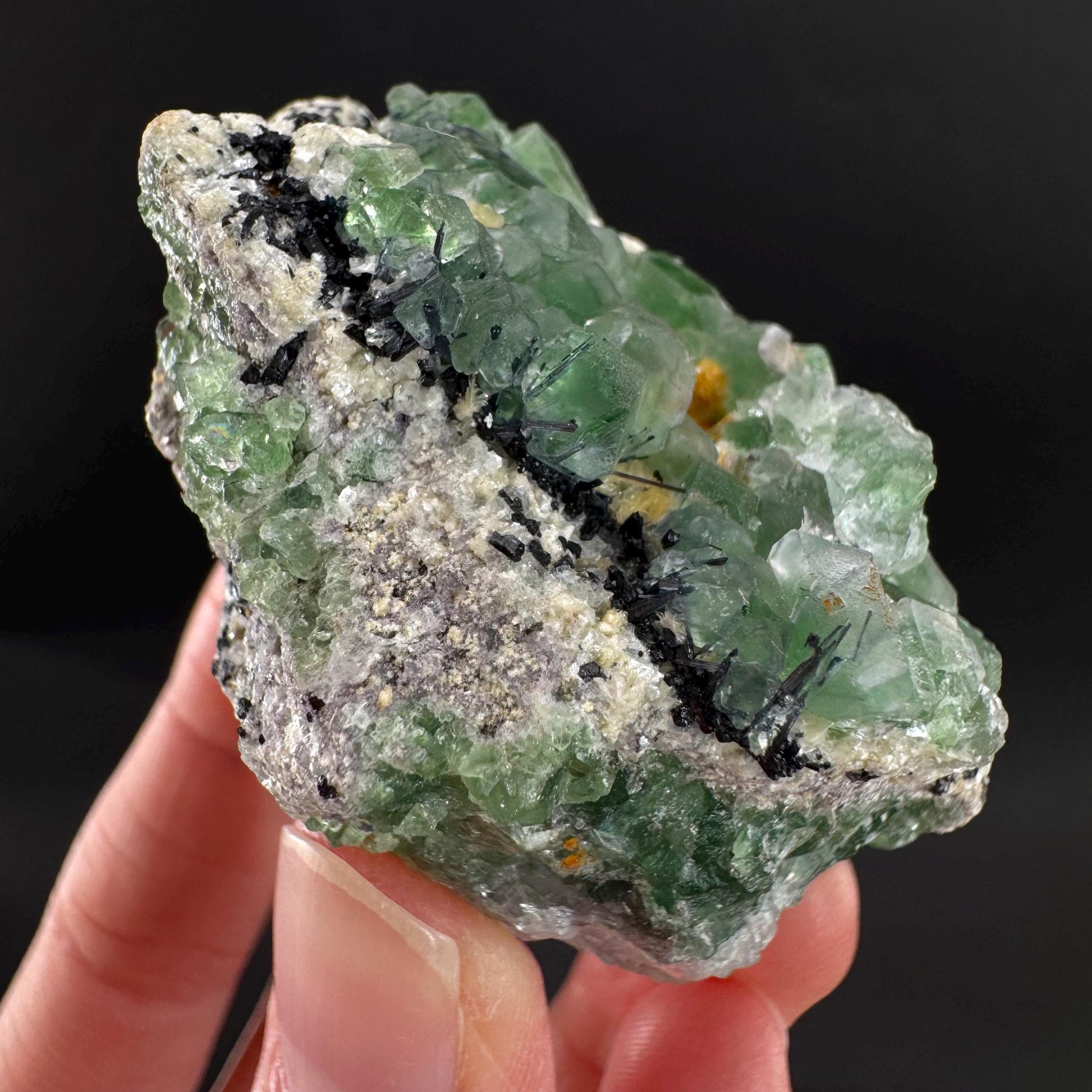 Fluorite w/ Schorl, & Muscovite | Lollipop Pocket, green crystal cluster, mineral specimen from Namibia