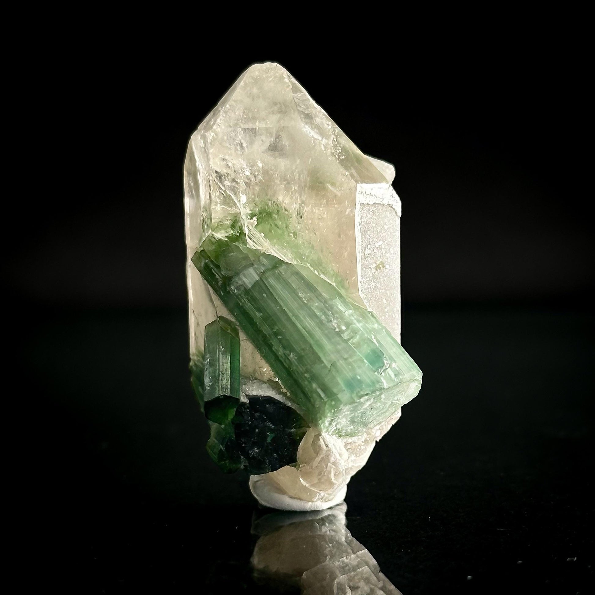 Elbaite Tourmaline on Double Terminated Quartz | Natural Green Crystal, Mineral Specimen from Pakistan