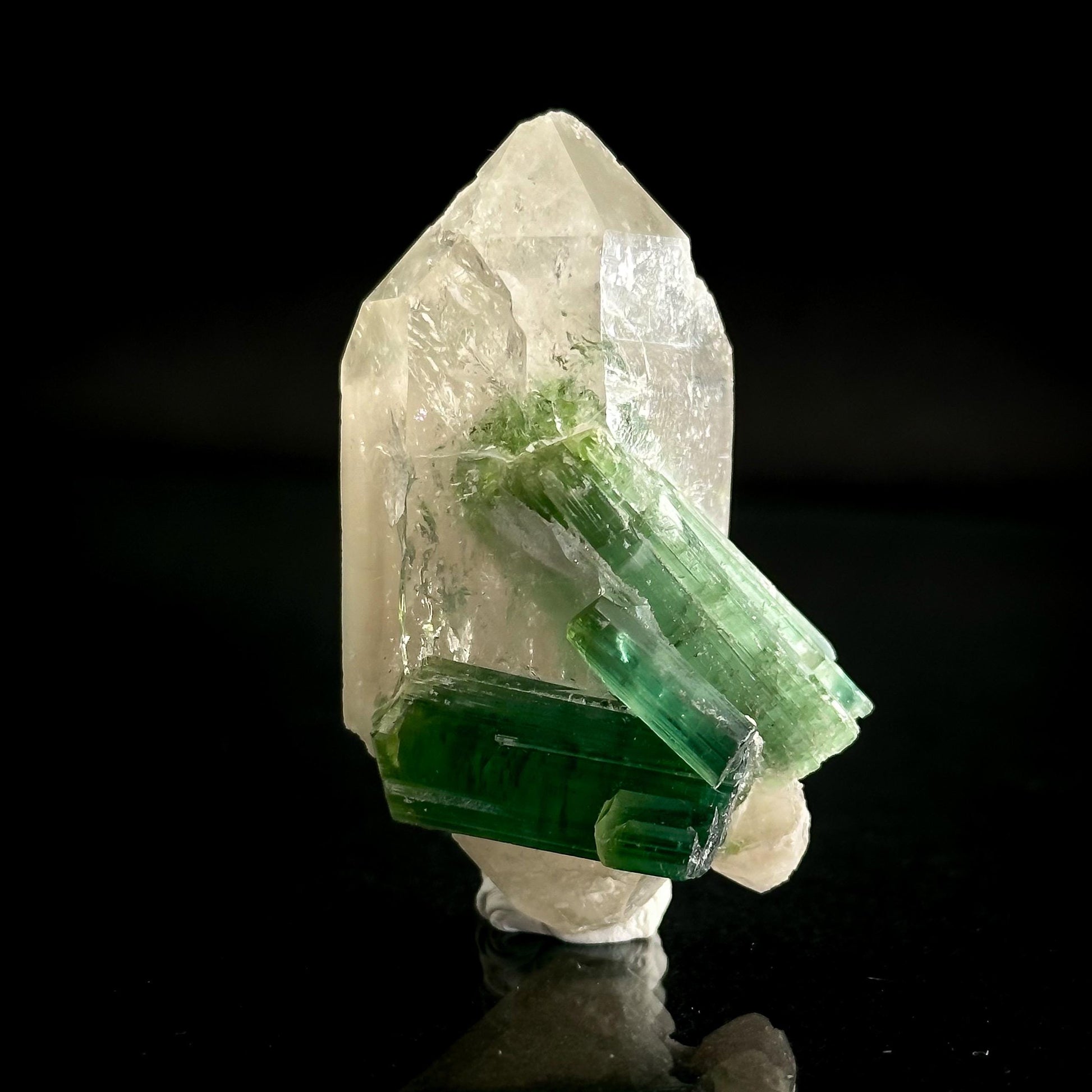 Elbaite Tourmaline on Double Terminated Quartz | Natural Green Crystal, Mineral Specimen from Pakistan