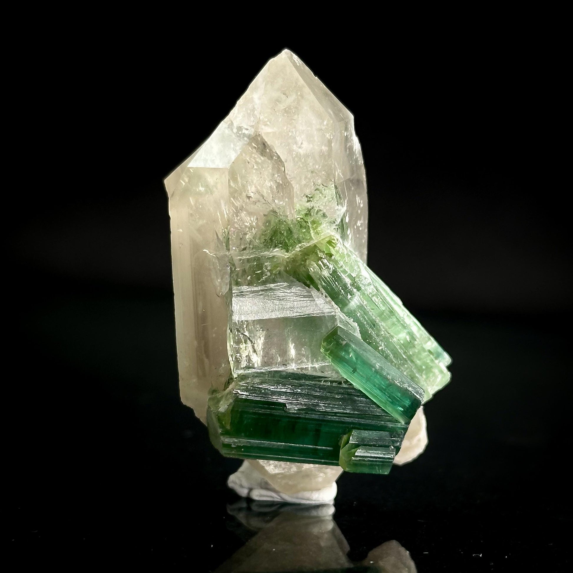 Elbaite Tourmaline on Double Terminated Quartz | Natural Green Crystal, Mineral Specimen from Pakistan