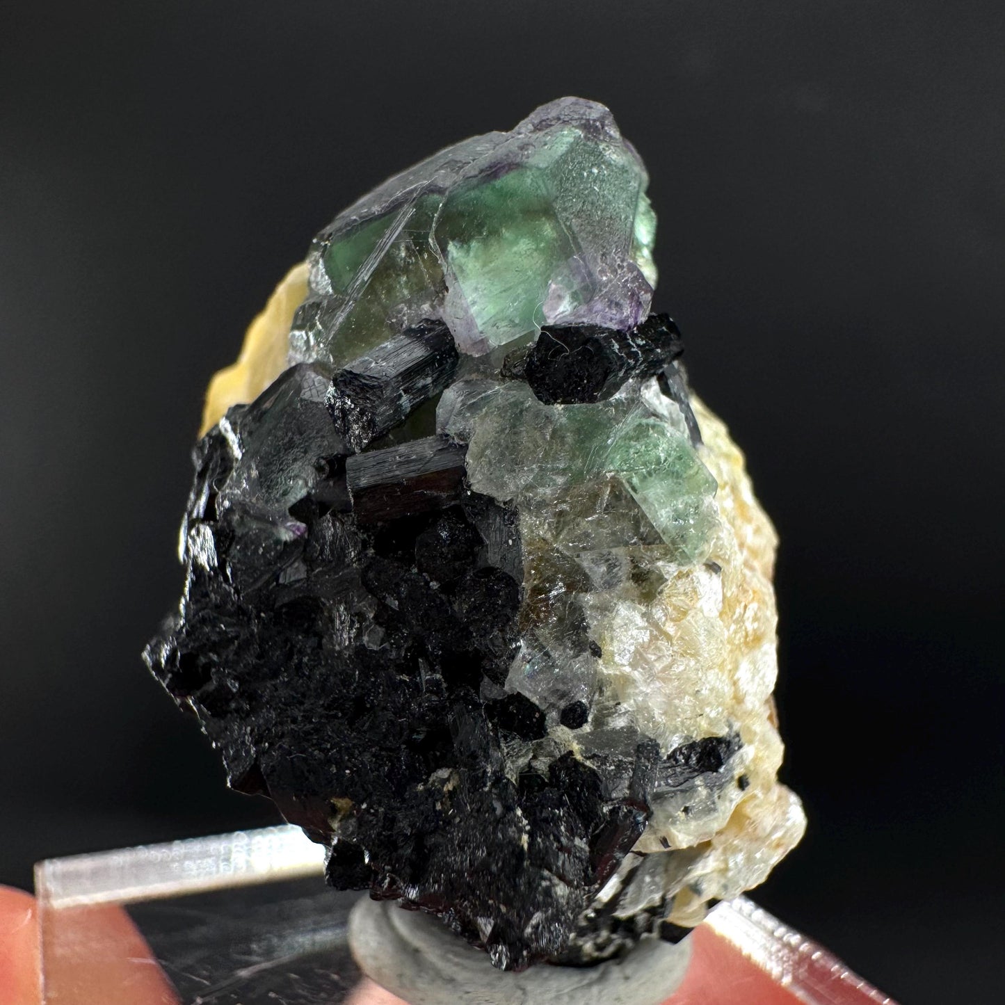 Fluorite w/ Schorl, & Muscovite | Lollipop Pocket, green crystal cluster, mineral specimen from Namibia