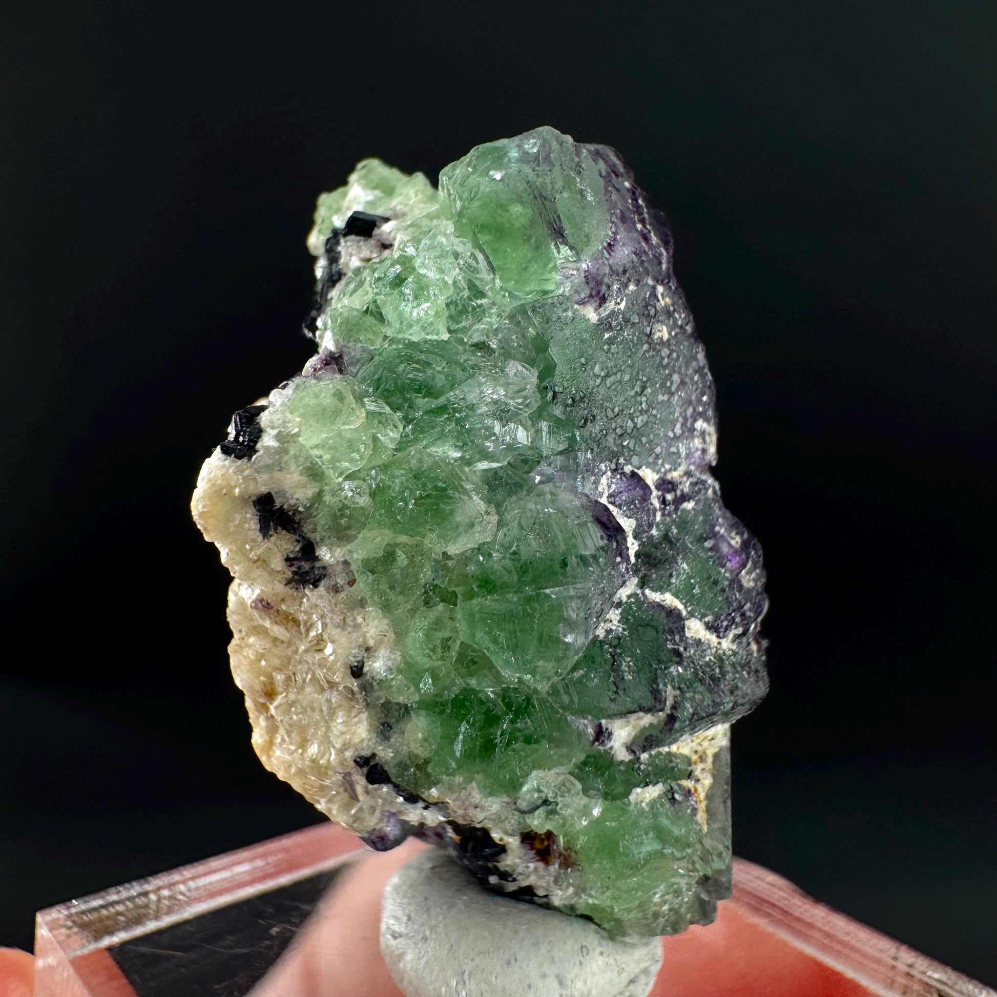 Fluorite w/ Schorl, & Muscovite | Lollipop Pocket, green crystal cluster, mineral specimen from Namibia