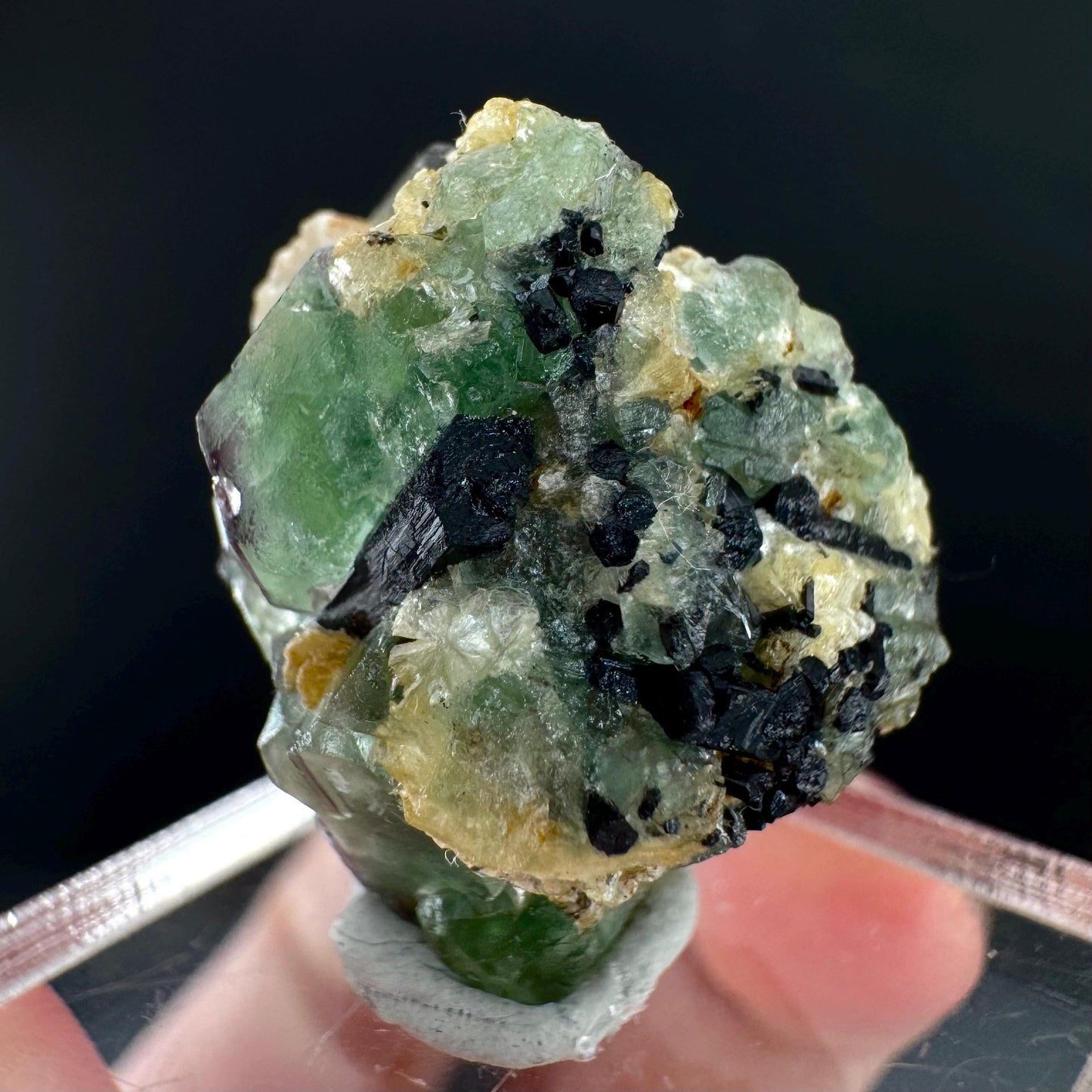 Fluorite w/ Schorl, & Muscovite | Lollipop Pocket, green crystal cluster, mineral specimen from Namibia