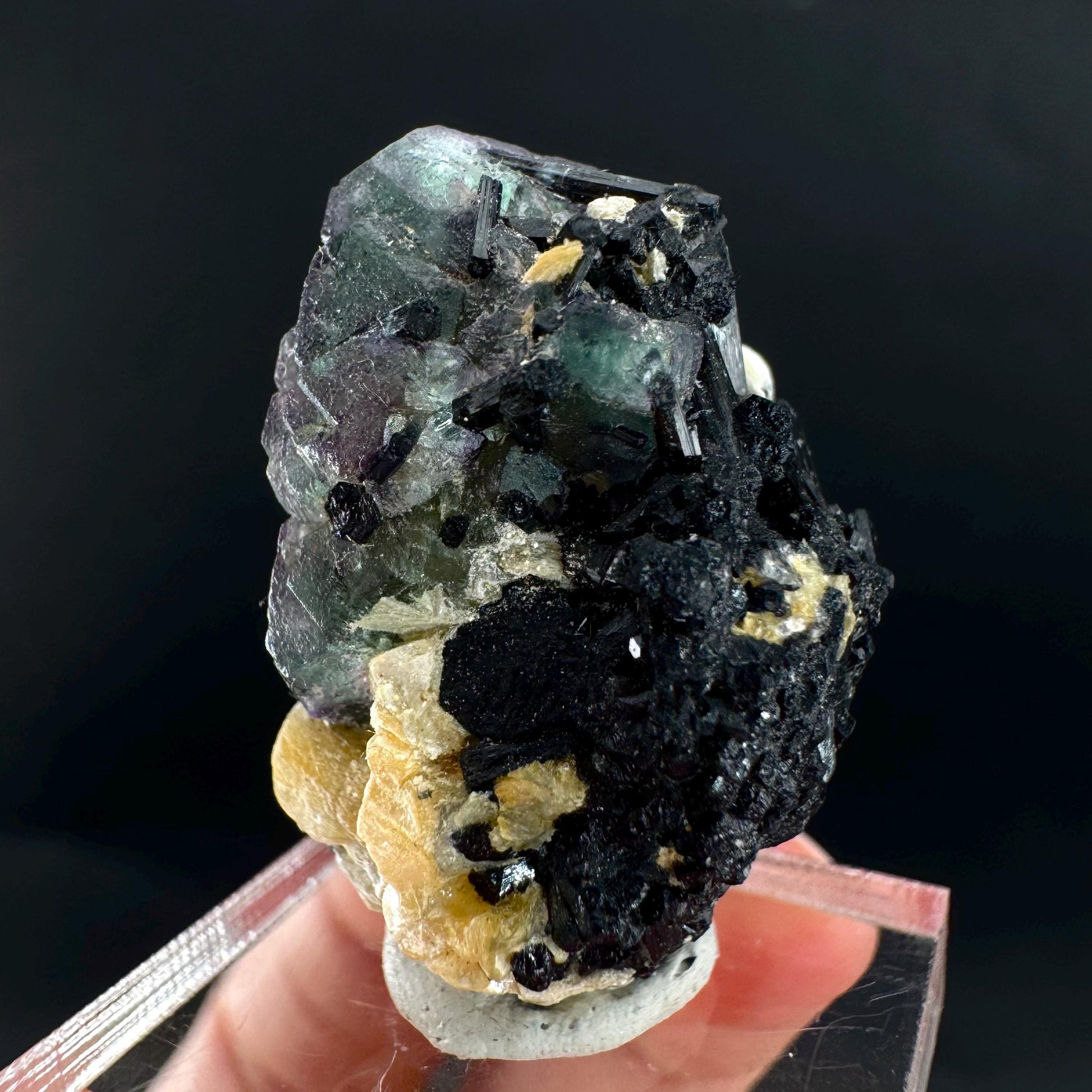 Fluorite w/ Schorl, & Muscovite | Lollipop Pocket, green crystal cluster, mineral specimen from Namibia