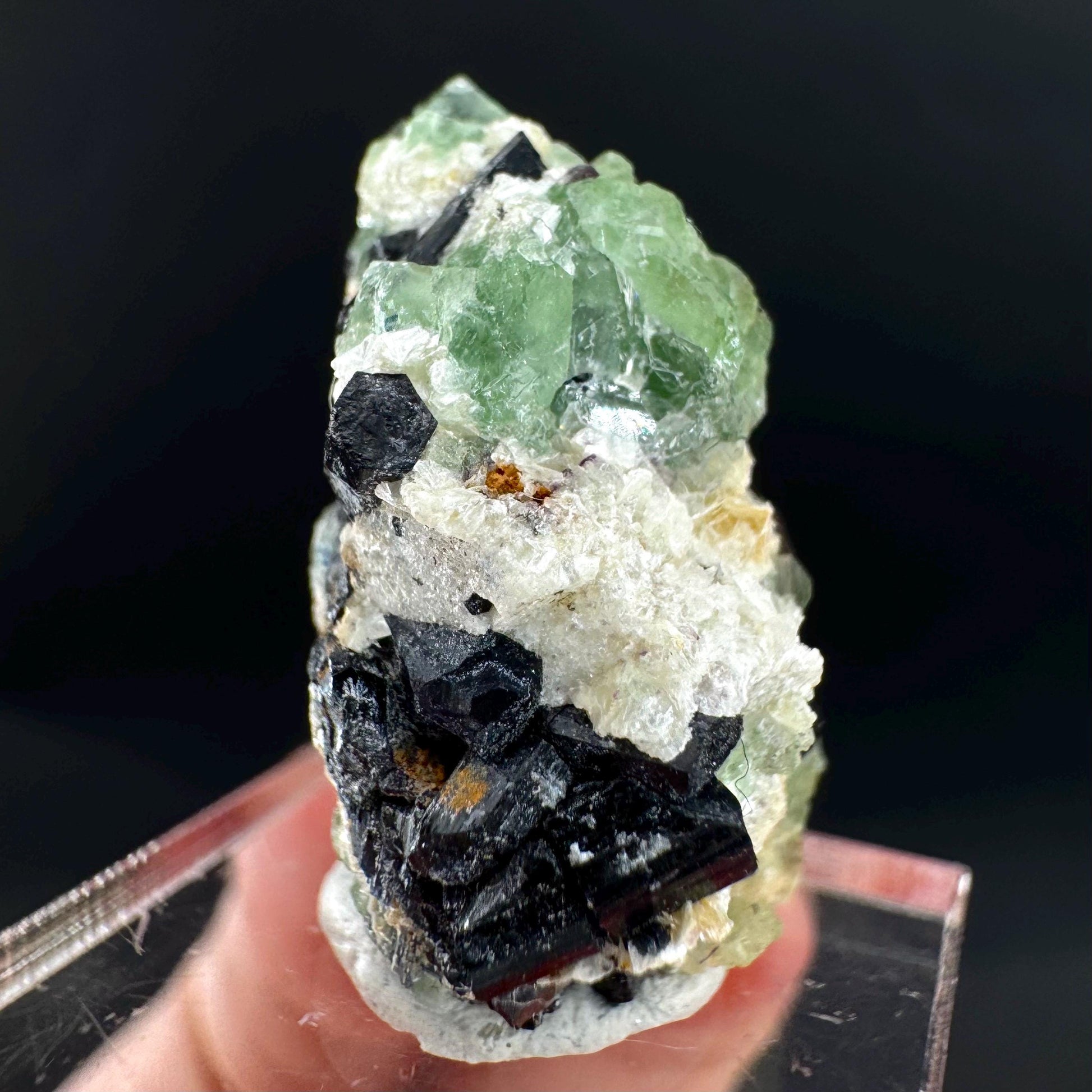 Fluorite w/ Schorl, & Muscovite | Lollipop Pocket, green crystal cluster, mineral specimen from Namibia