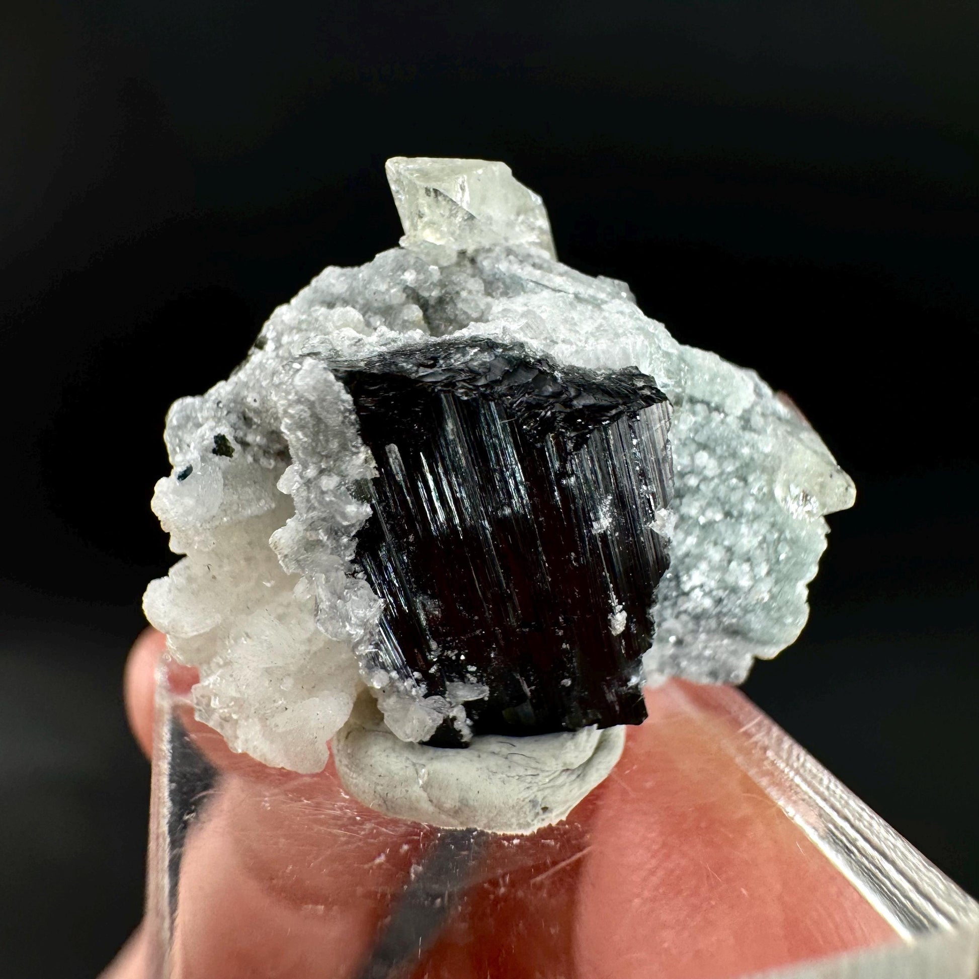 Herderite with Black Tourmaline on Albite | light green crystal, rare mineral specimen from Pakistan