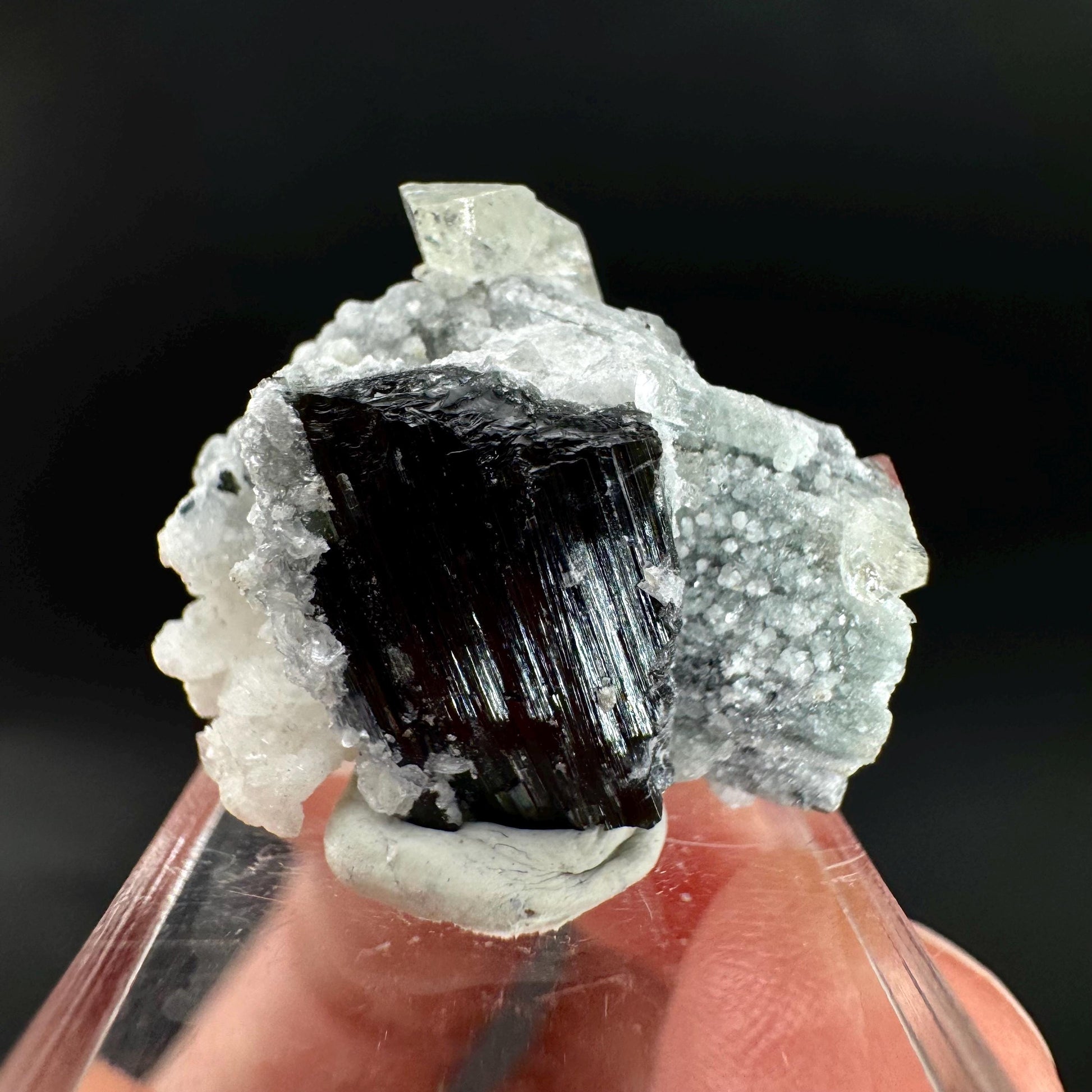 Herderite with Black Tourmaline on Albite | light green crystal, rare mineral specimen from Pakistan