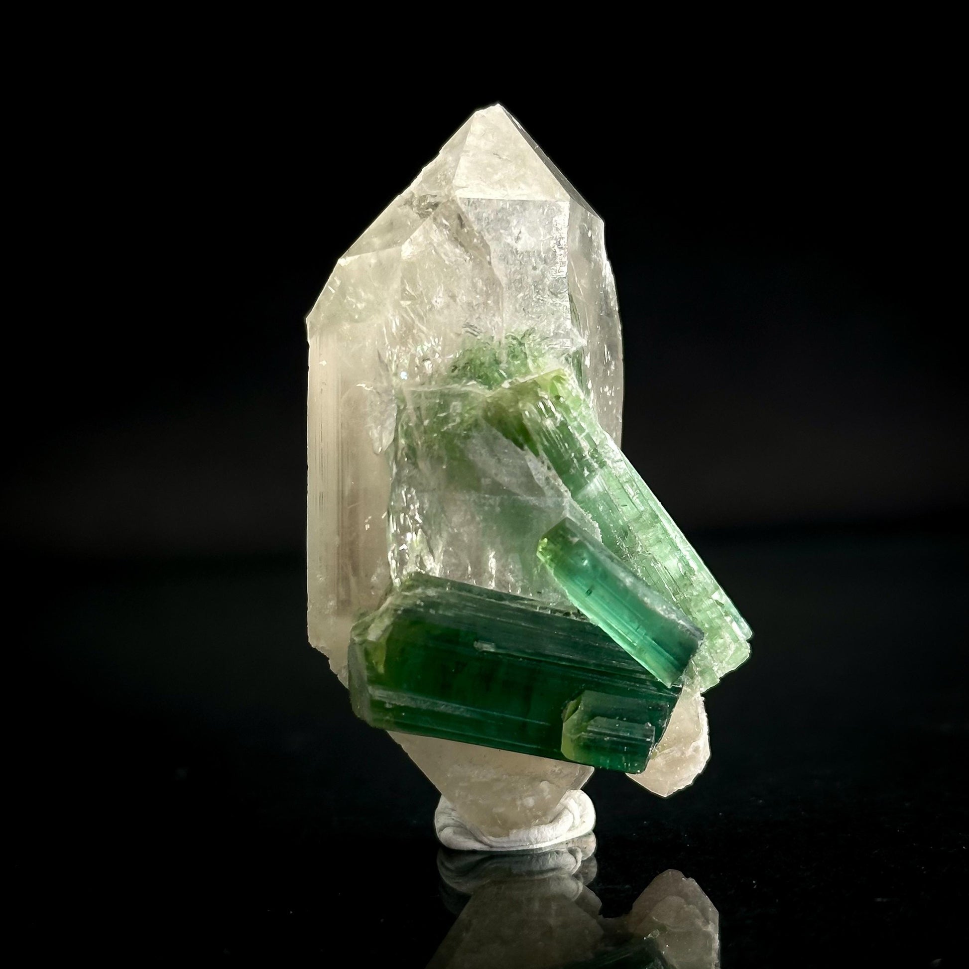 Elbaite Tourmaline on Double Terminated Quartz | Natural Green Crystal, Mineral Specimen from Pakistan