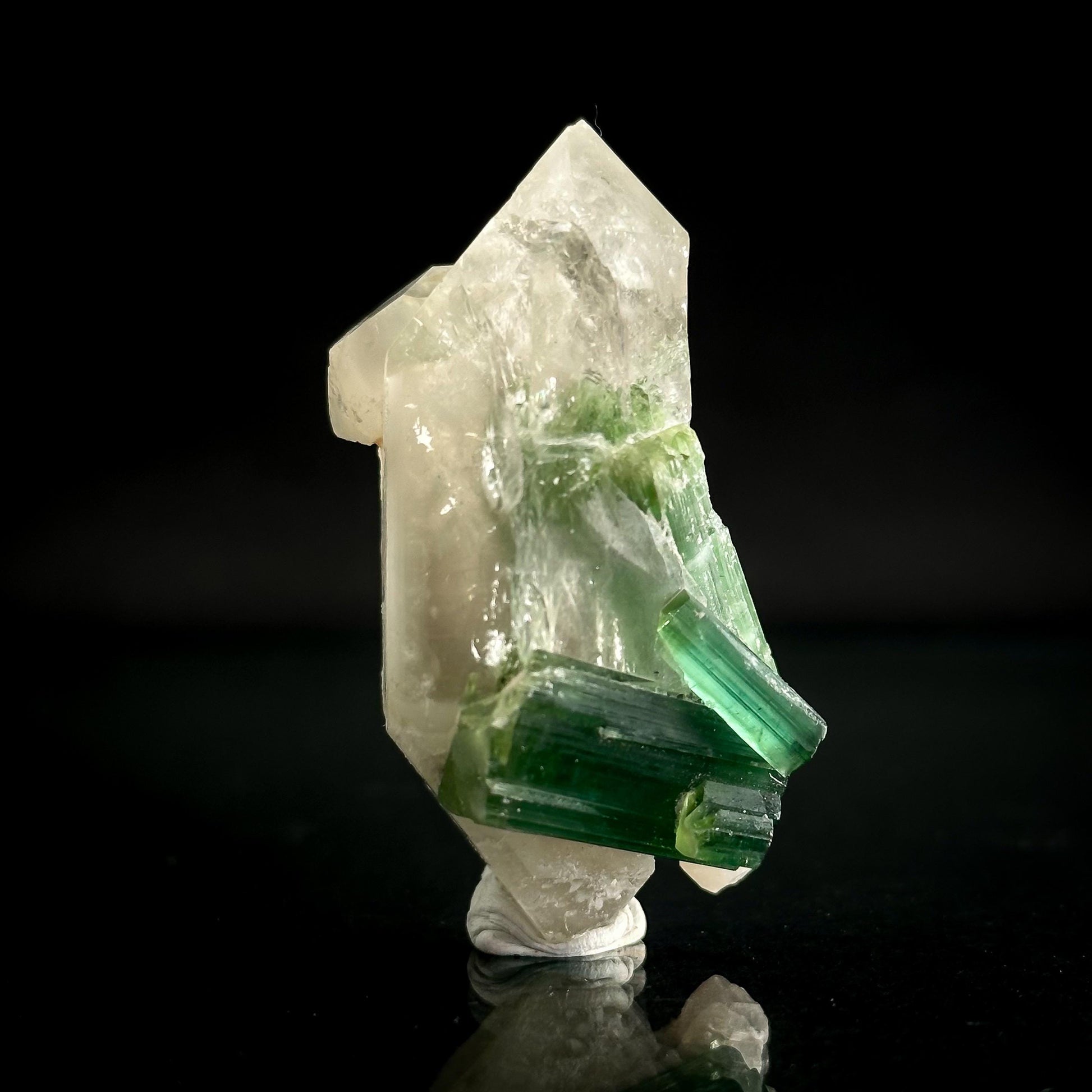 Elbaite Tourmaline on Double Terminated Quartz | Natural Green Crystal, Mineral Specimen from Pakistan