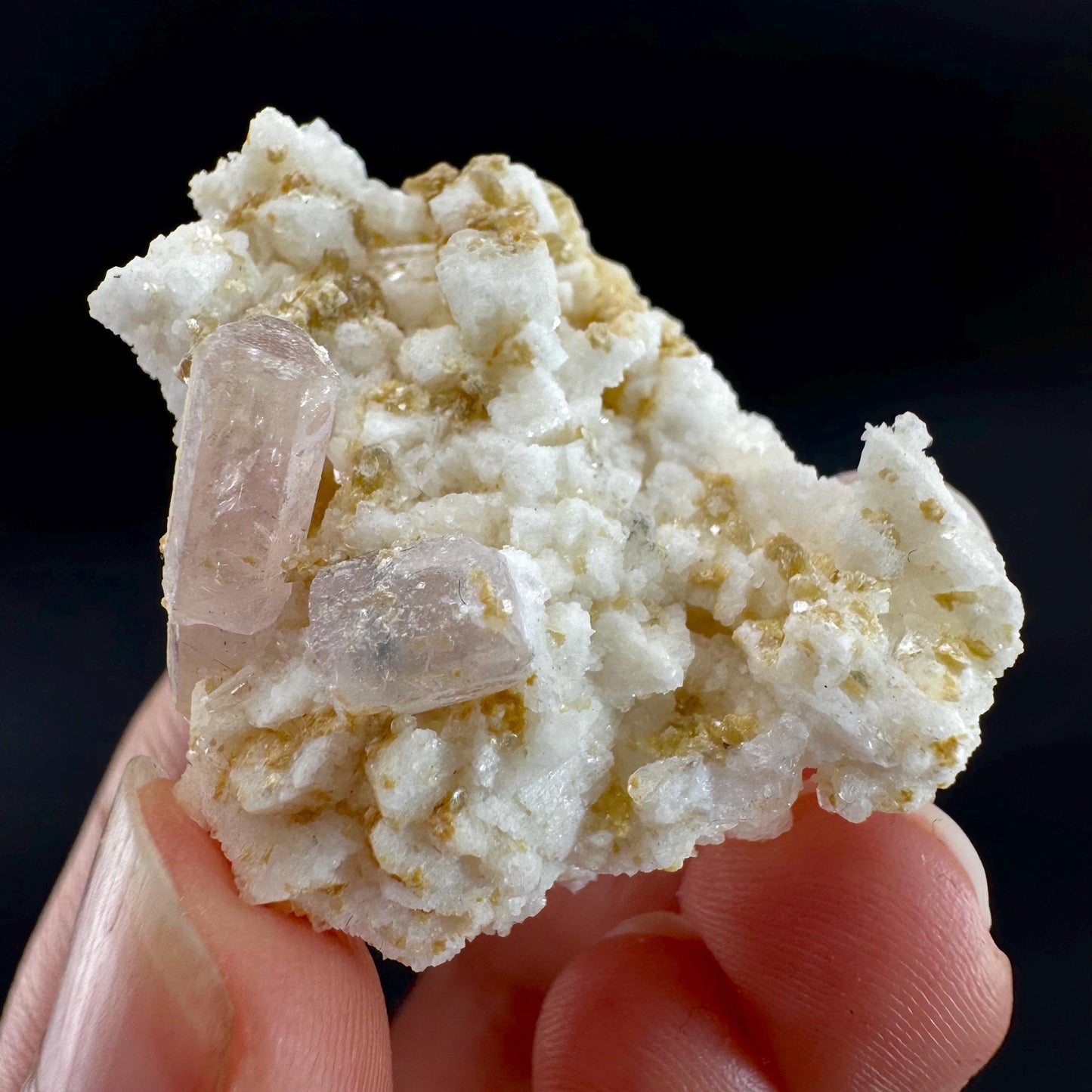 Pink Fluorapatite on Albite | UV reactive crystal, rare mineral specimen from Pakistan