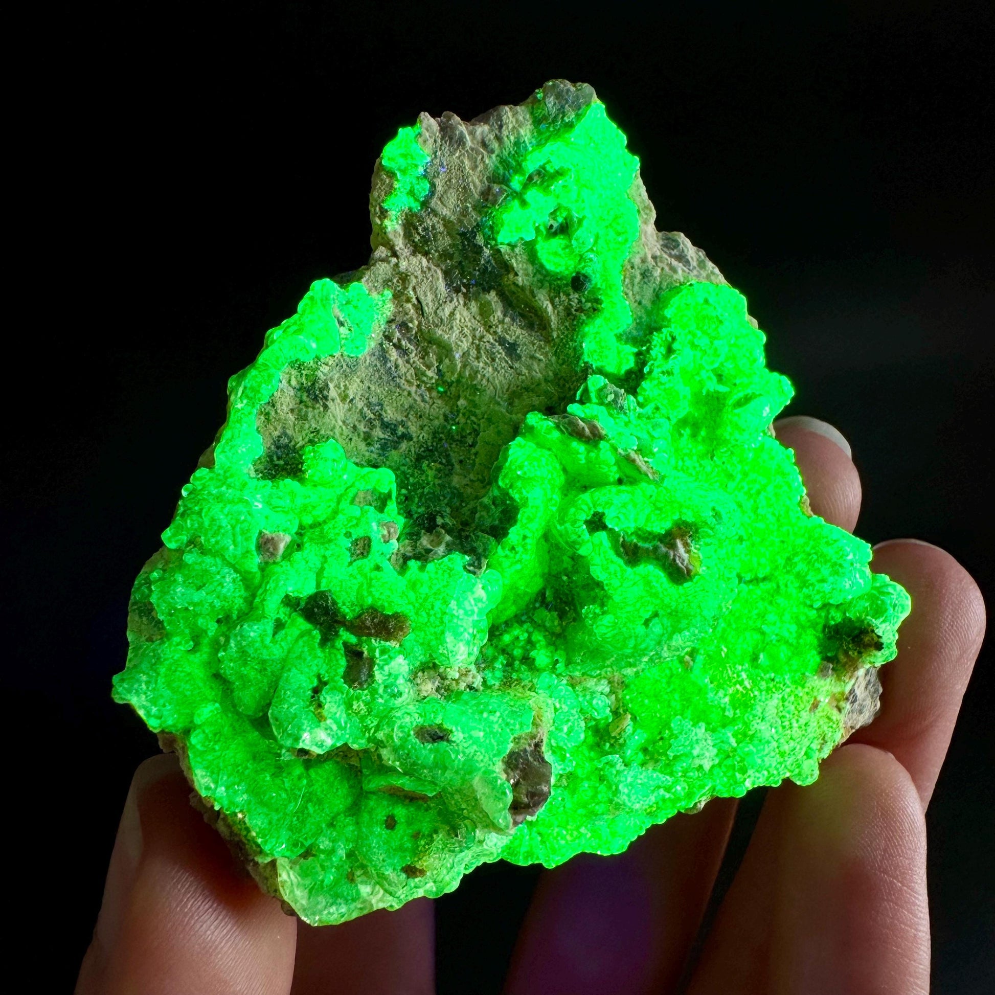 Hyalite Opal on Matrix | UV reactive crystal, green fluorescent mineral specimen from Namibia