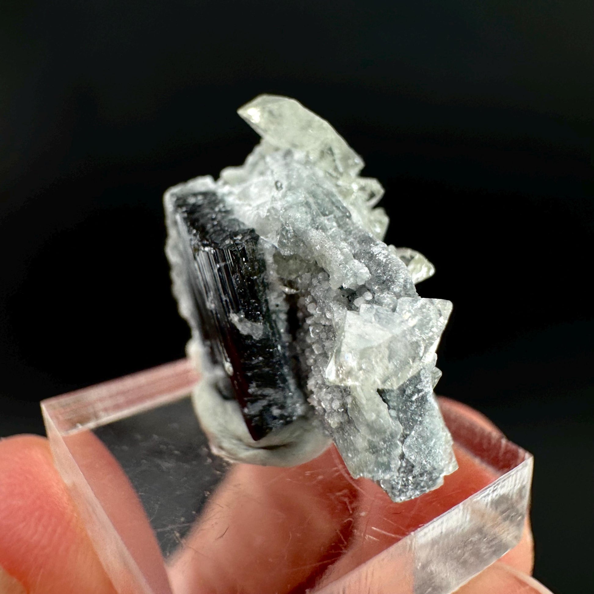 Herderite with Black Tourmaline on Albite | light green crystal, rare mineral specimen from Pakistan