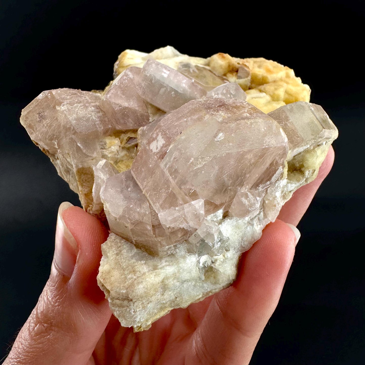 Pink Fluorapatite on Albite | UV reactive crystal, rare mineral specimen from Pakistan