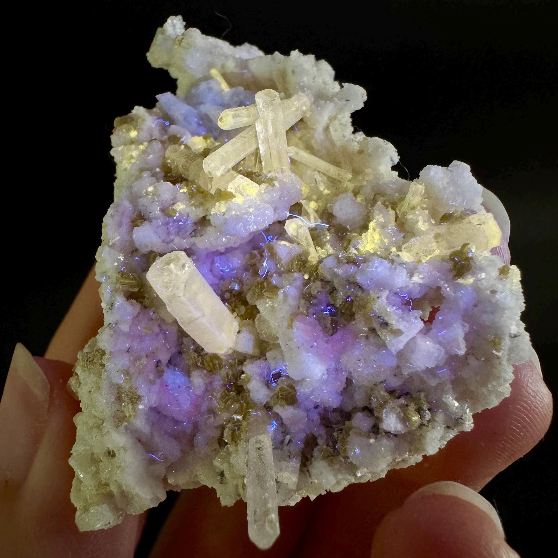Pink Fluorapatite on Albite | UV reactive crystal, rare mineral specimen from Pakistan