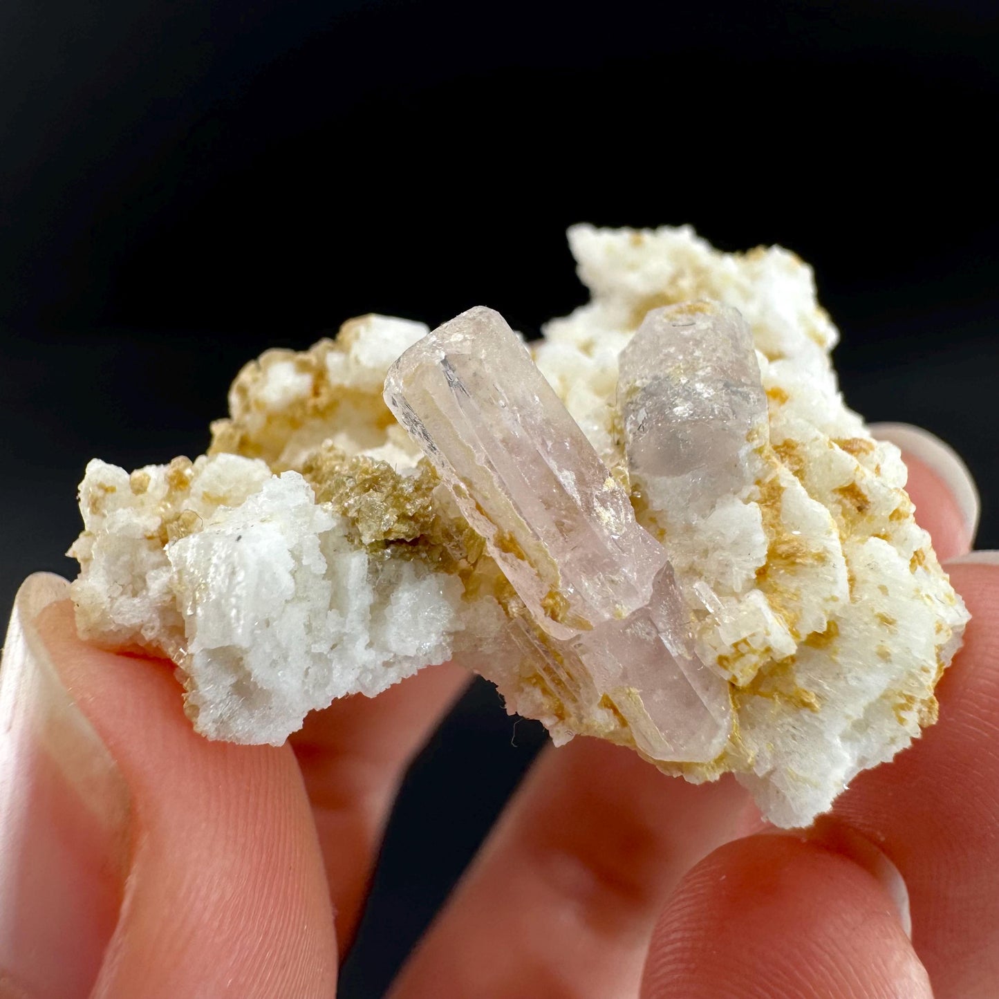 Pink Fluorapatite on Albite | UV reactive crystal, rare mineral specimen from Pakistan