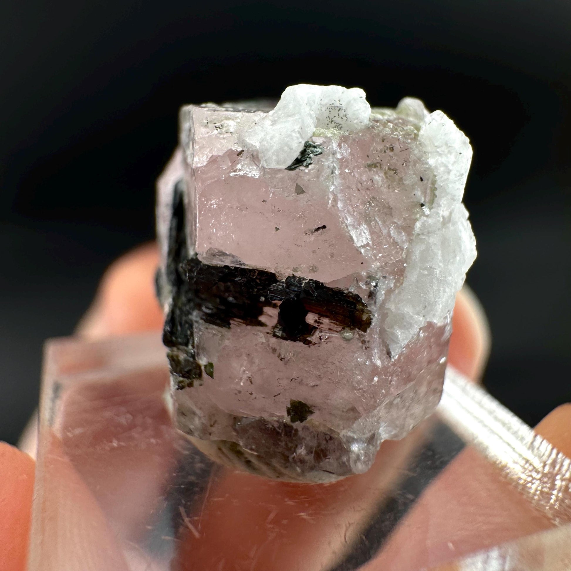 Pink Fluorapatite with Black Tourmaline | UV reactive crystal, rare mineral specimen from Pakistan