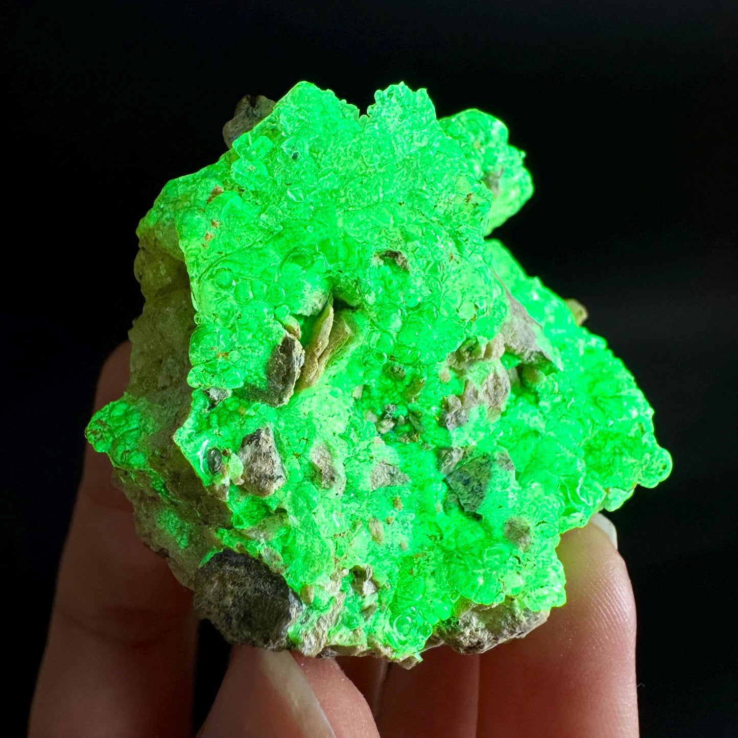 Hyalite Opal on Matrix | UV reactive crystal, green fluorescent mineral specimen from Namibia