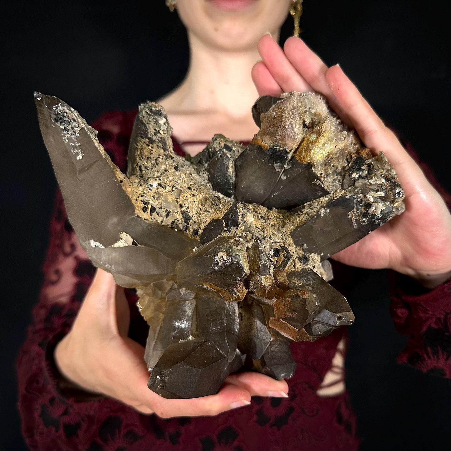 HUGE Smoky Quartz with Hyalite Opal & Black Tourmaline | Crystal Cluster from Namibia