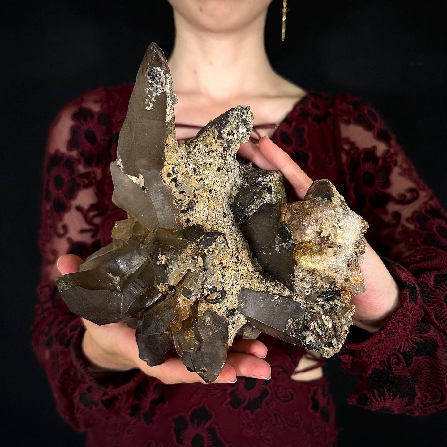 HUGE Smoky Quartz with Hyalite Opal & Black Tourmaline | Crystal Cluster from Namibia