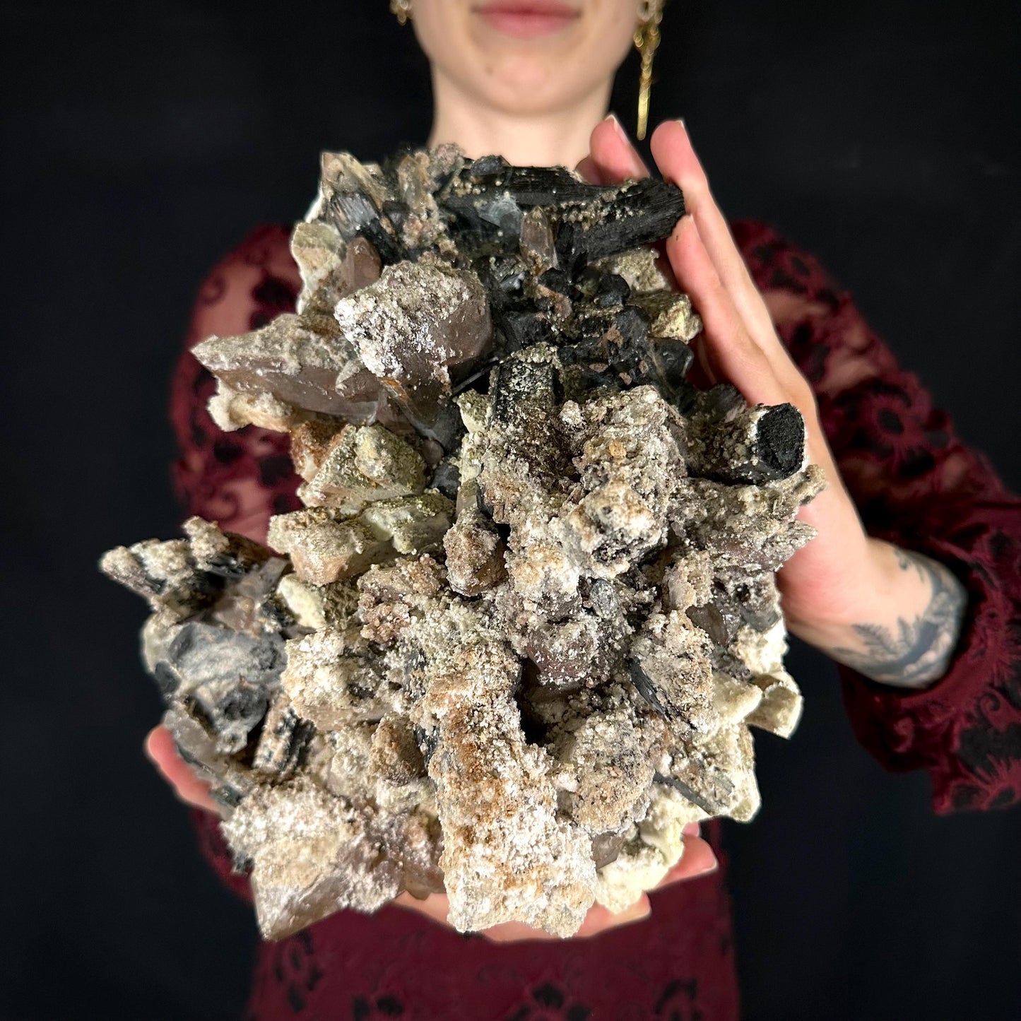 MASSIVE Smoky Quartz with Hyalite Opal, Black Tourmaline, & Feldspar | Crystal Cluster from Namibia