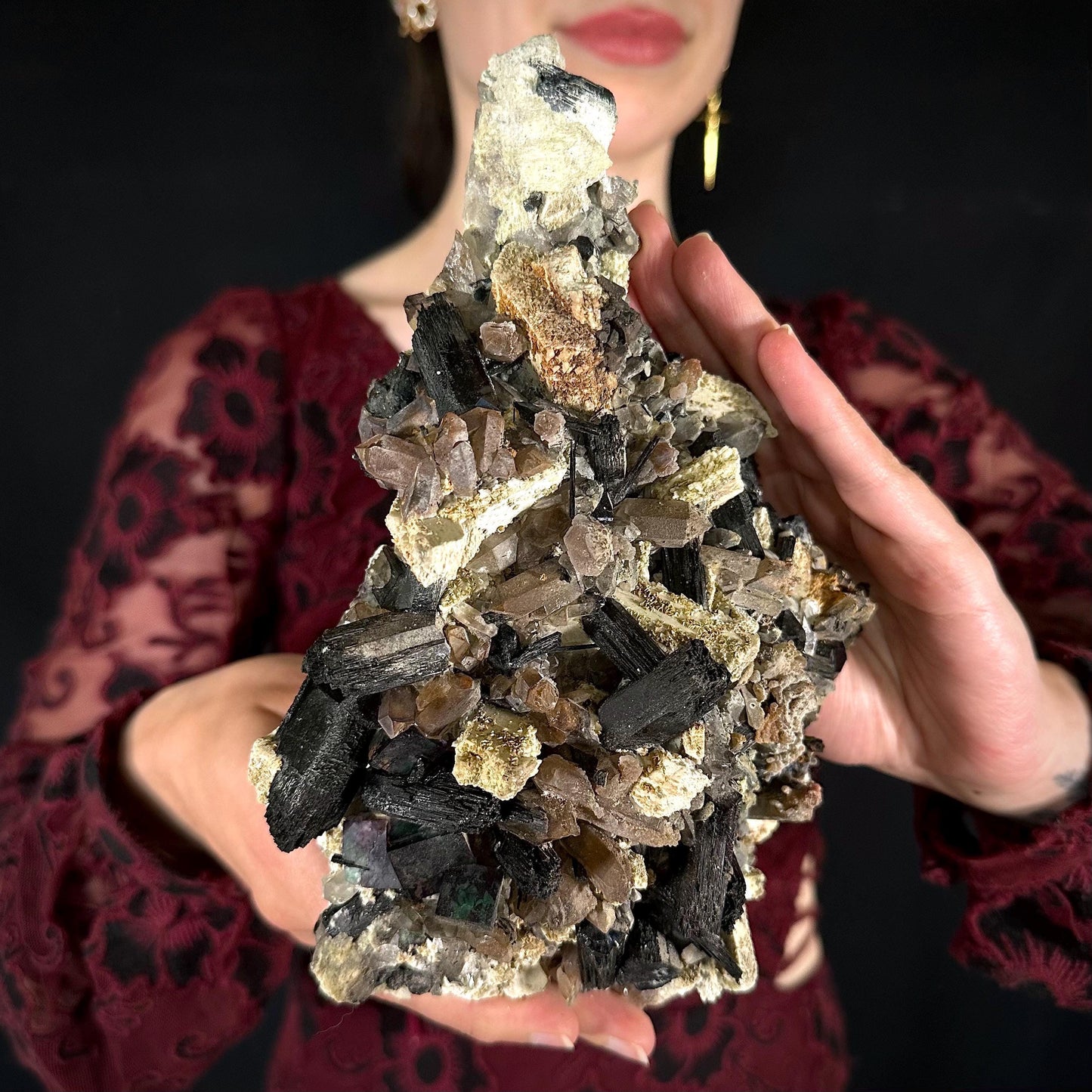 XL Smoky Quartz with Fluorite, Hyalite Opal, Black Tourmaline, & Feldspar | Crystal Cluster from Namibia