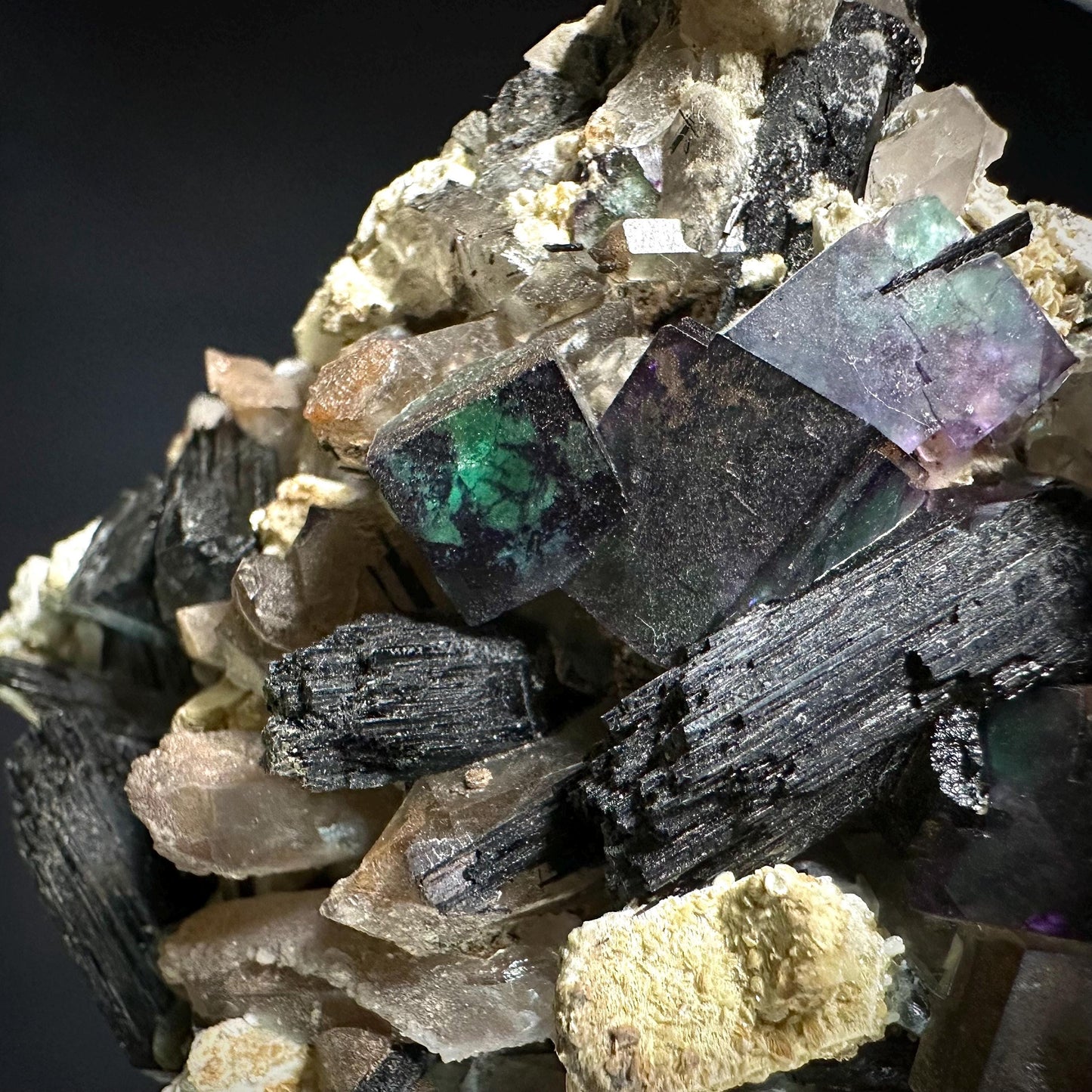 XL Smoky Quartz with Fluorite, Hyalite Opal, Black Tourmaline, & Feldspar | Crystal Cluster from Namibia