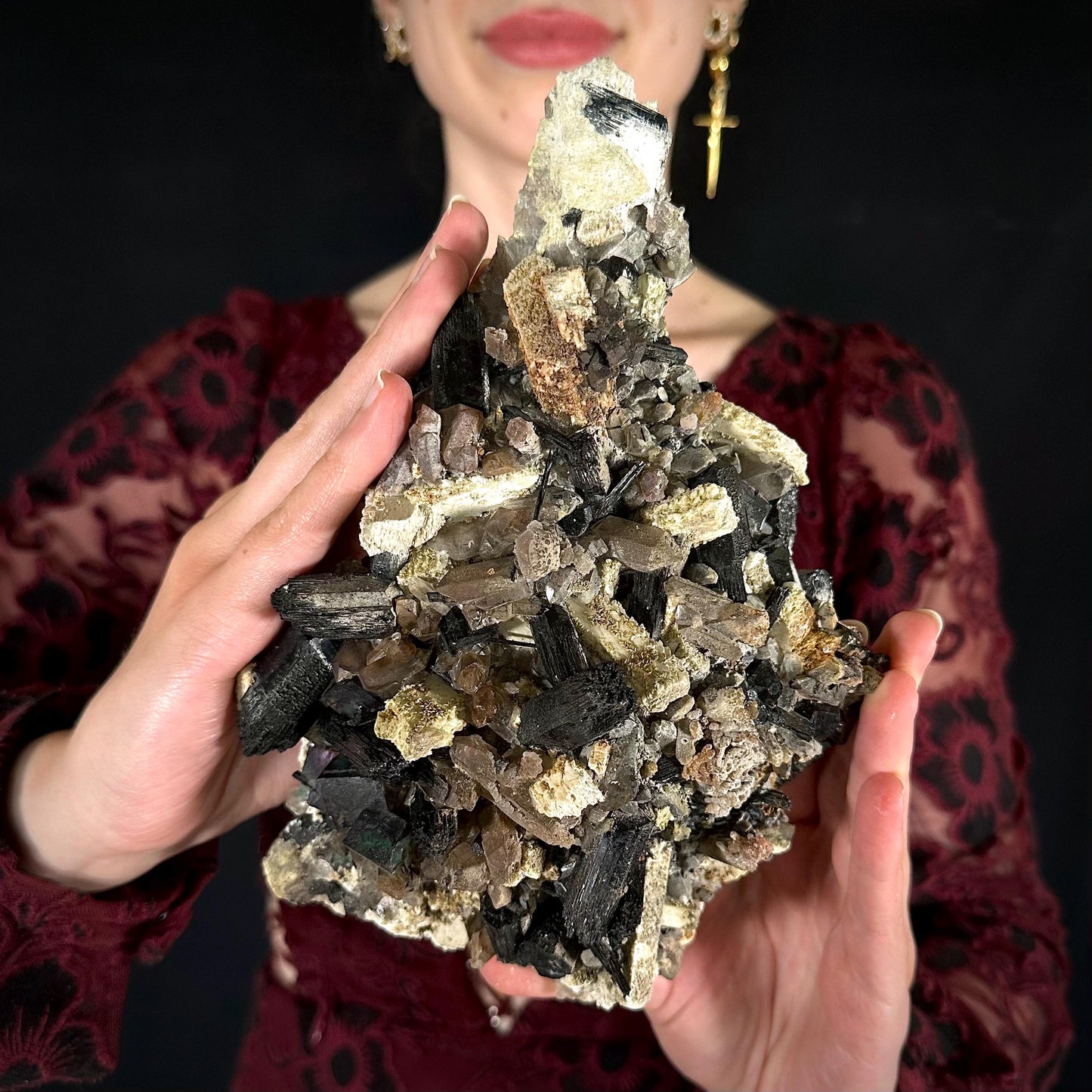 XL Smoky Quartz with Fluorite, Hyalite Opal, Black Tourmaline, & Feldspar | Crystal Cluster from Namibia