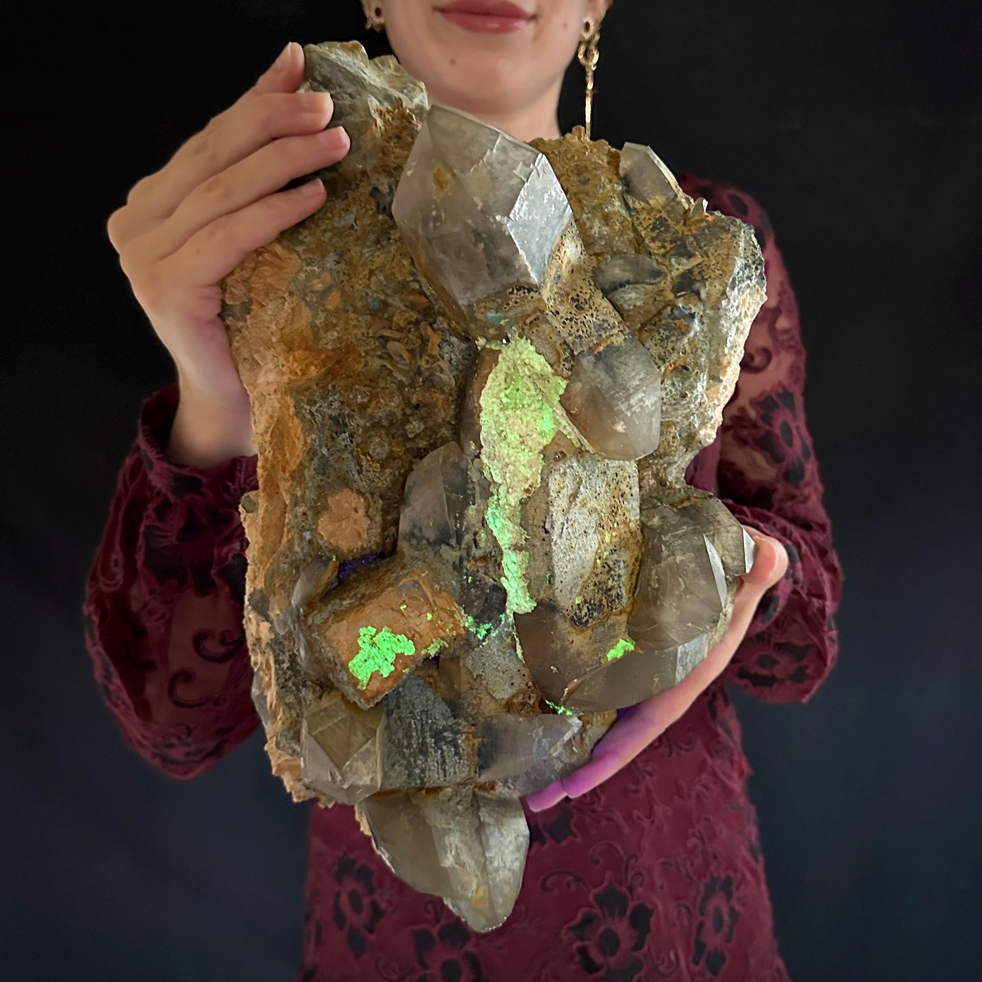 MASSIVE Smoky Quartz with Fluorite, Hyalite Opal, Foitite, & Feldspar | Crystal Cluster from Namibia