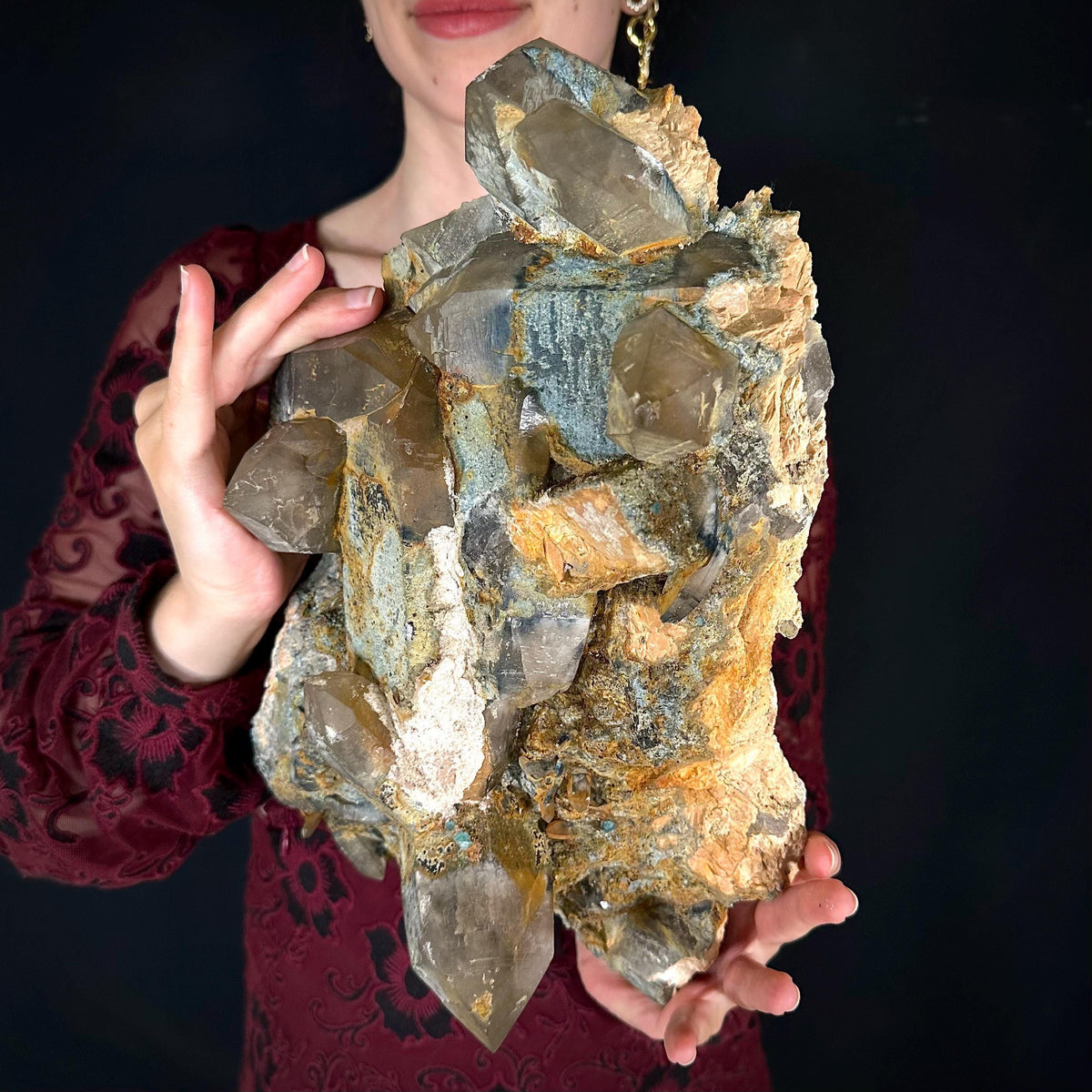 MASSIVE Smoky Quartz with Fluorite, Hyalite Opal, Foitite, & Feldspar | Crystal Cluster from Namibia
