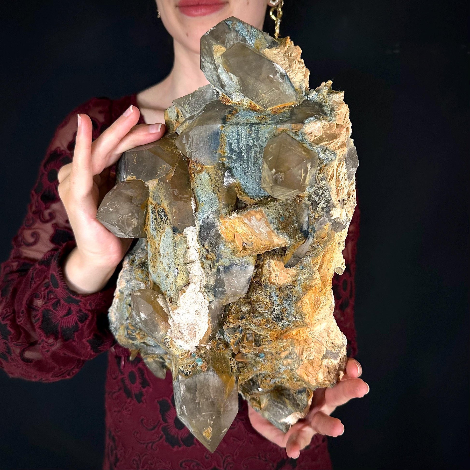 MASSIVE Smoky Quartz with Fluorite, Hyalite Opal, Foitite, & Feldspar | Crystal Cluster from Namibia