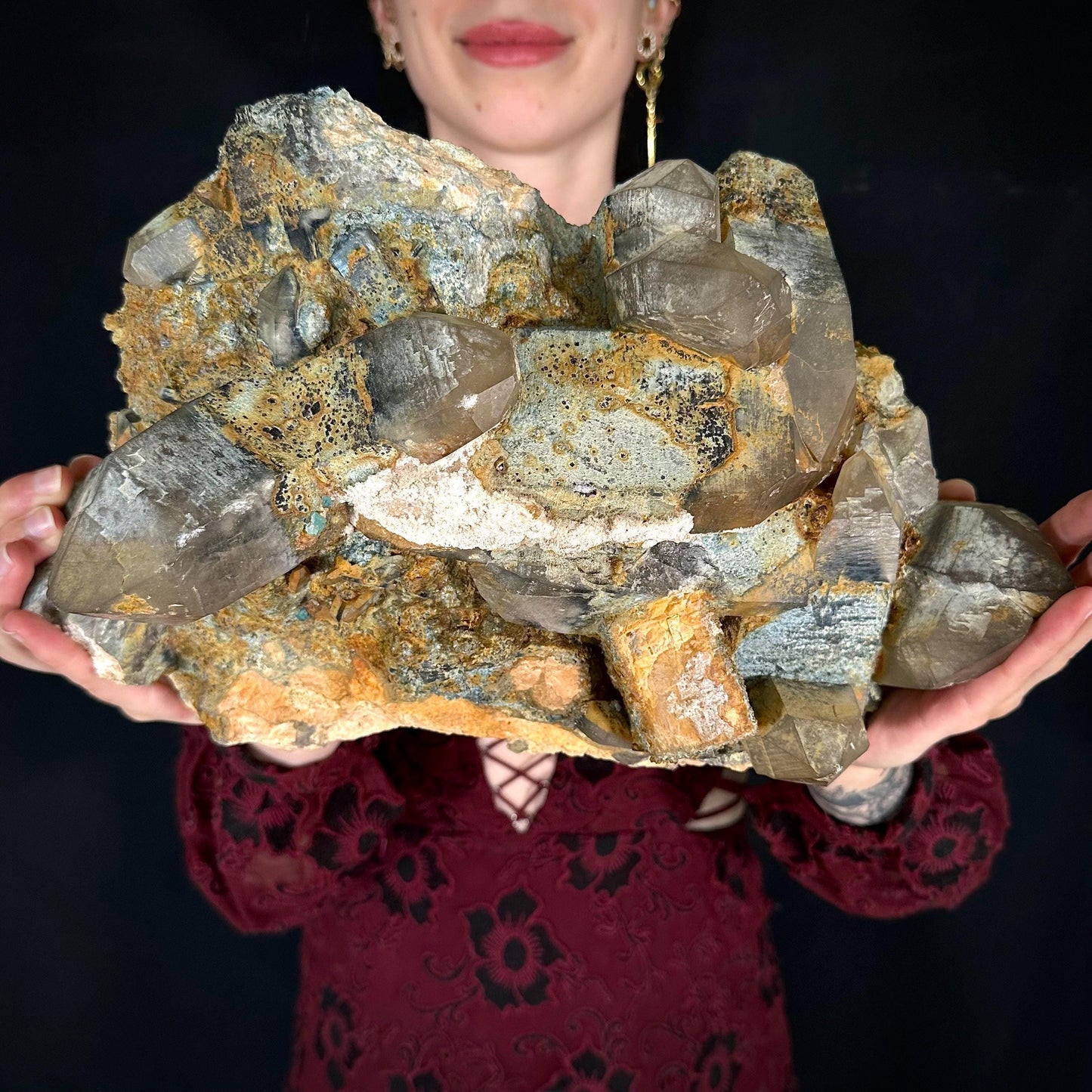 MASSIVE Smoky Quartz with Fluorite, Hyalite Opal, Foitite, & Feldspar | Crystal Cluster from Namibia
